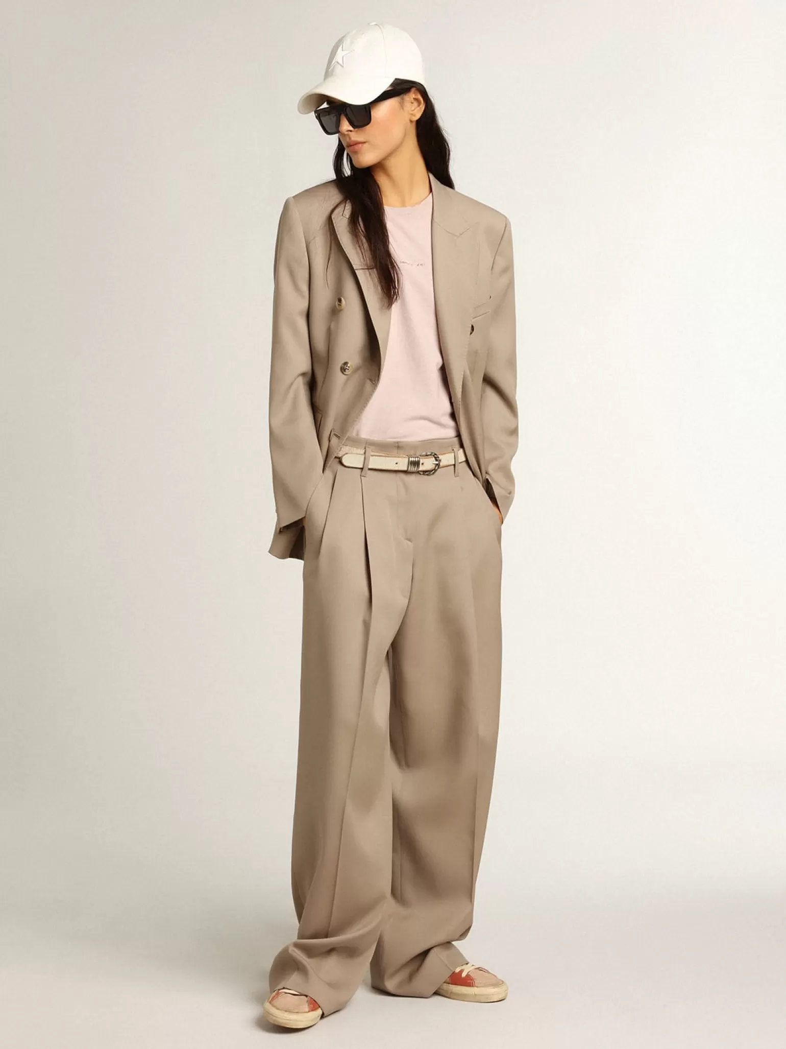 Online Blazer de abotoamento duplo de gabardine de lã bege claro MULHER Blazers