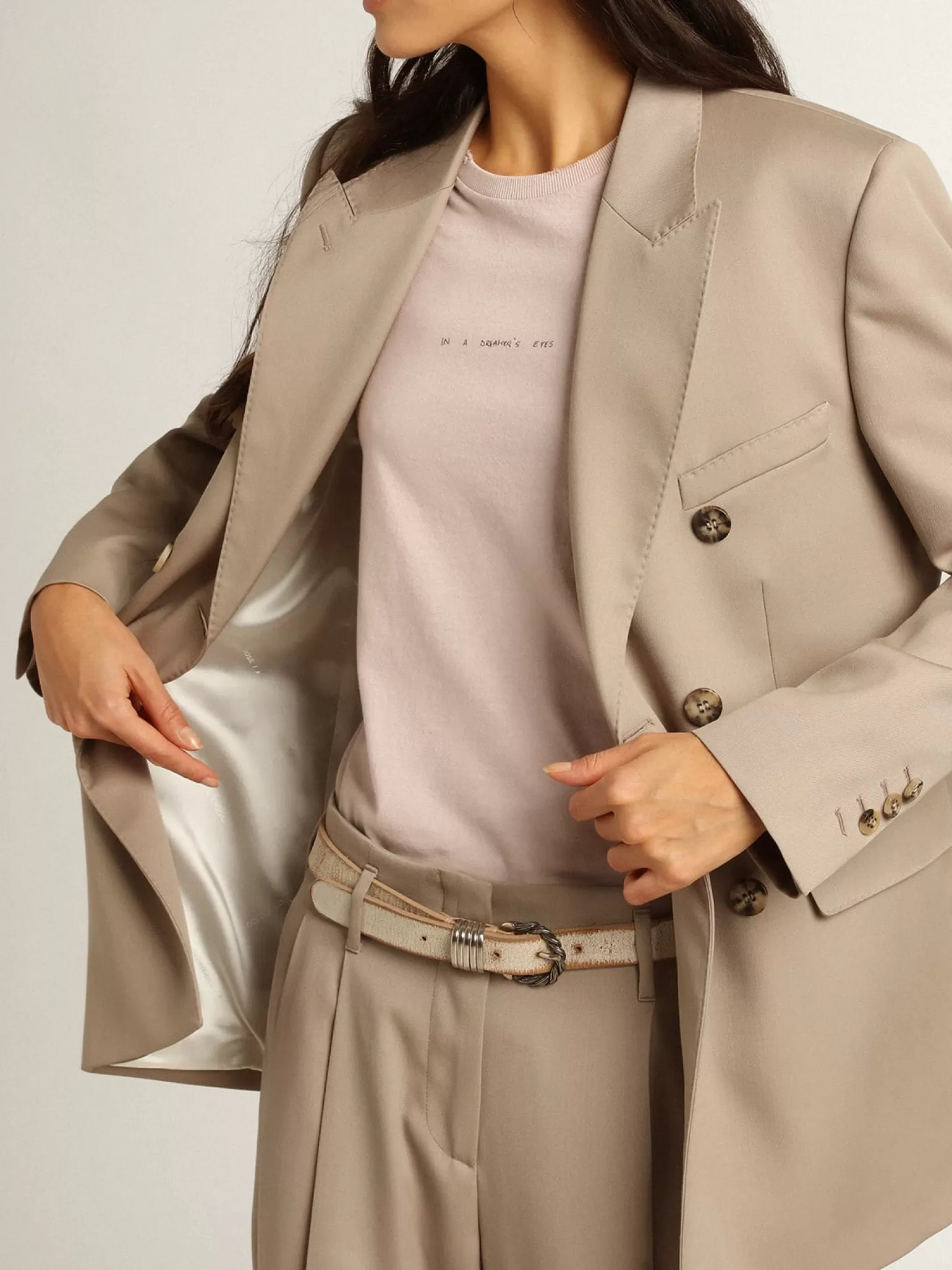 Online Blazer de abotoamento duplo de gabardine de lã bege claro MULHER Blazers