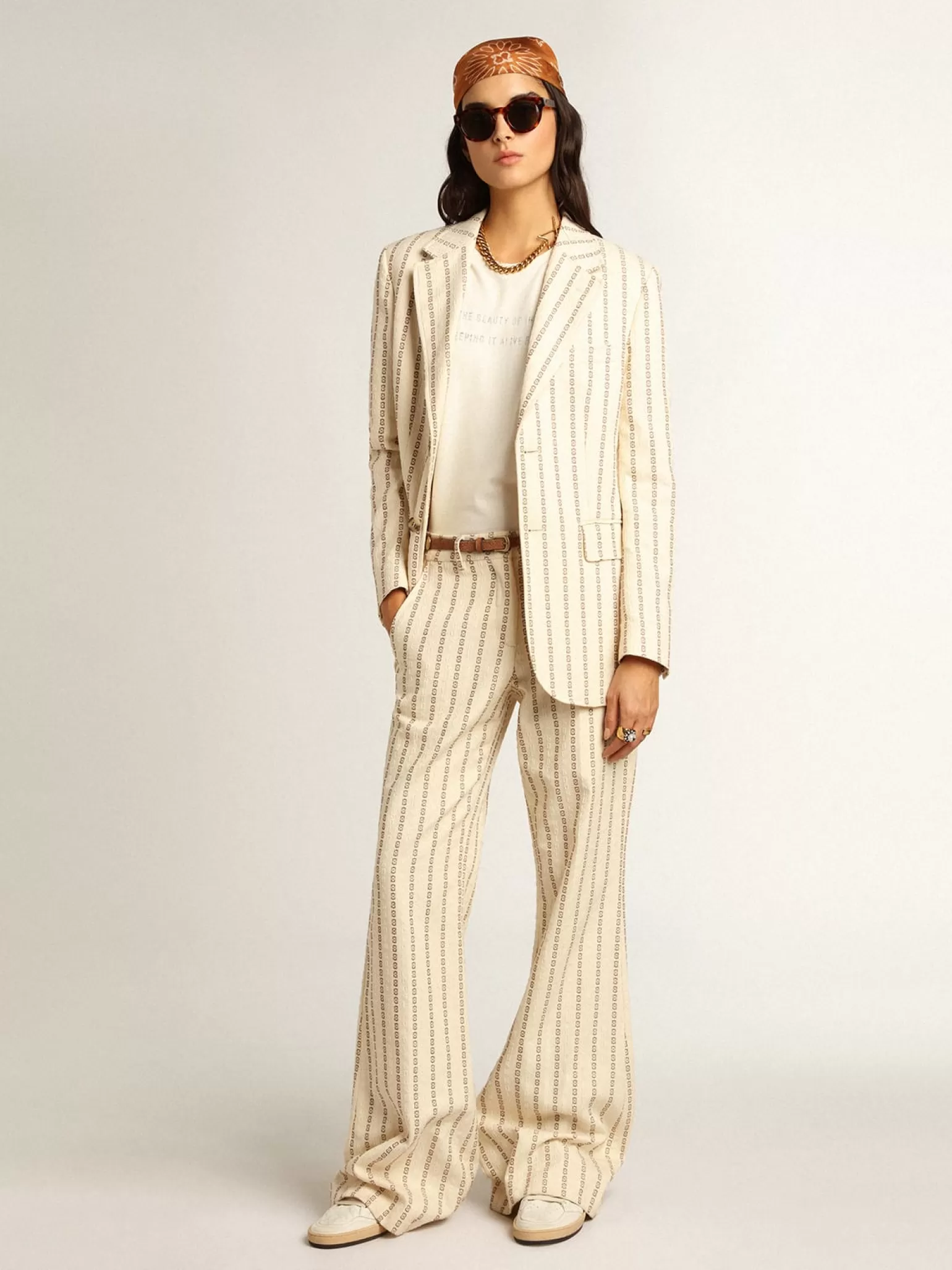Outlet Blazer de abotoamento simples de algodão creme e estampa jacquard MULHER Blazers