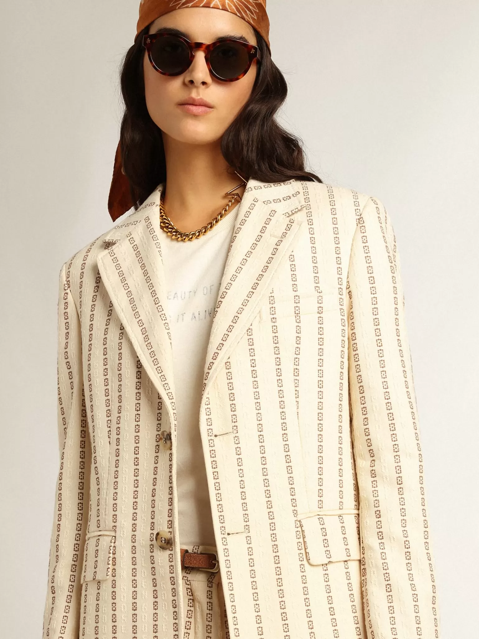Outlet Blazer de abotoamento simples de algodão creme e estampa jacquard MULHER Blazers