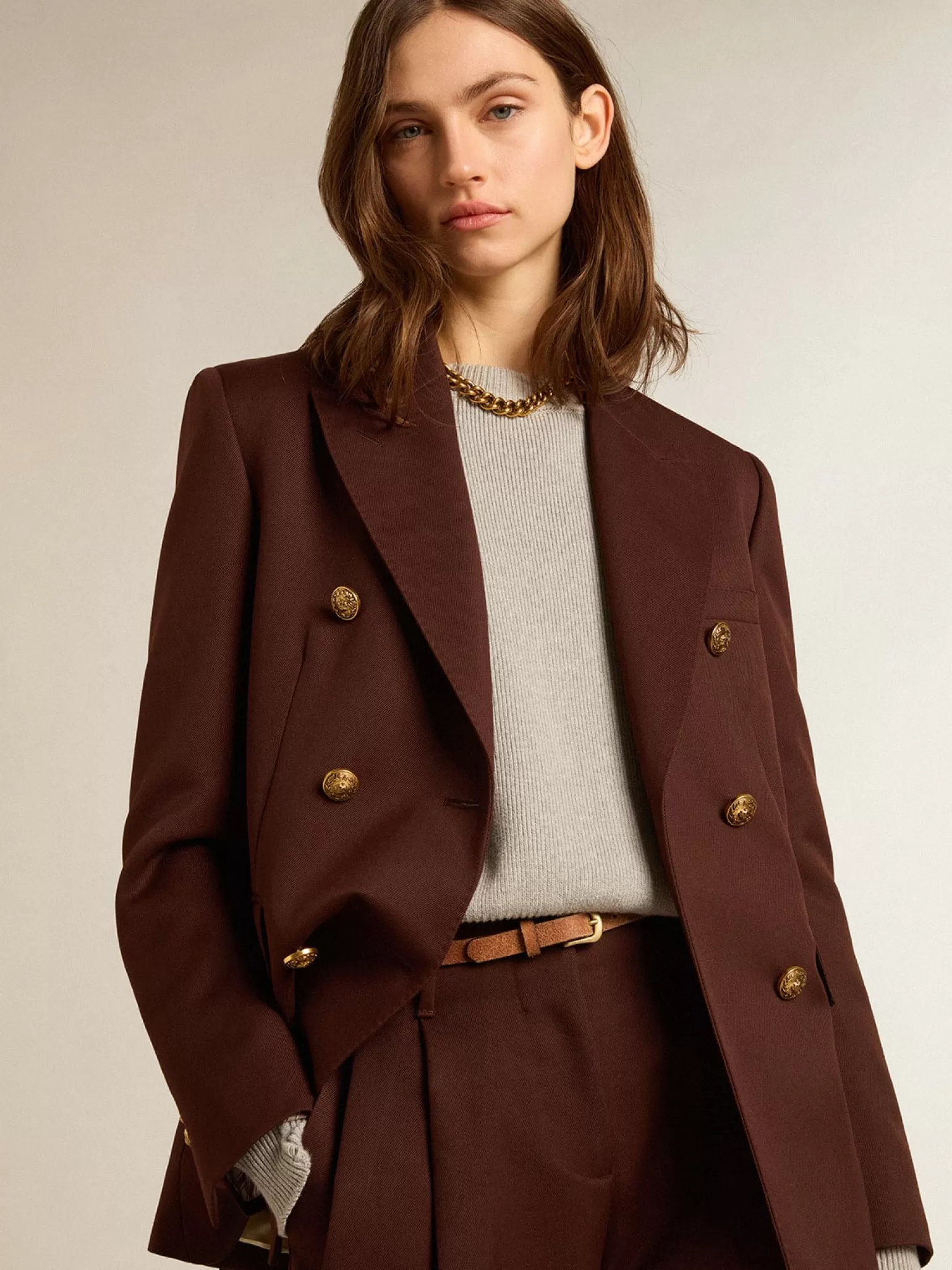 Cheap Blazer feminino de abotoamento duplo de gabardine de lã cor café MULHER Blazers