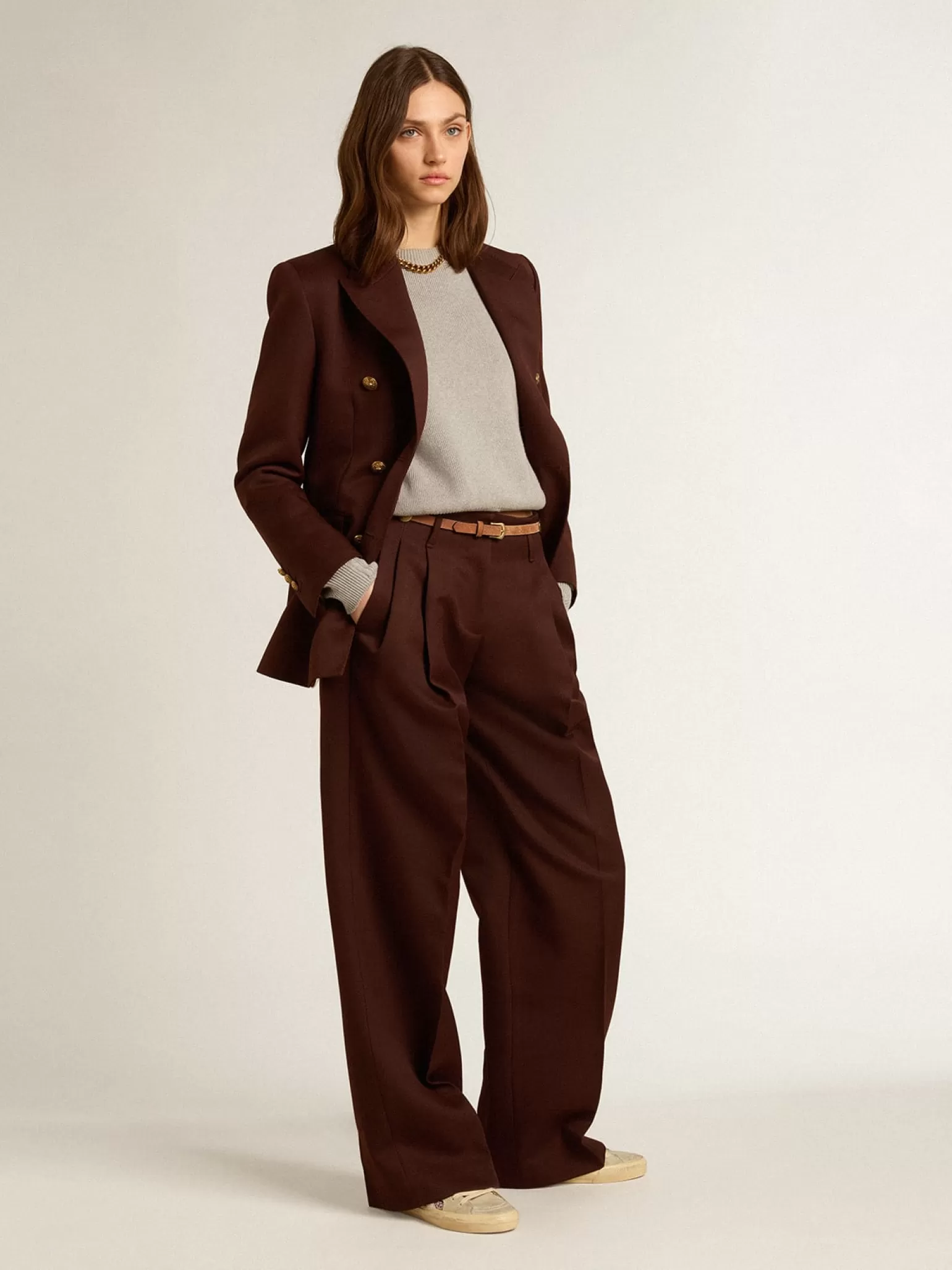Cheap Blazer feminino de abotoamento duplo de gabardine de lã cor café MULHER Blazers