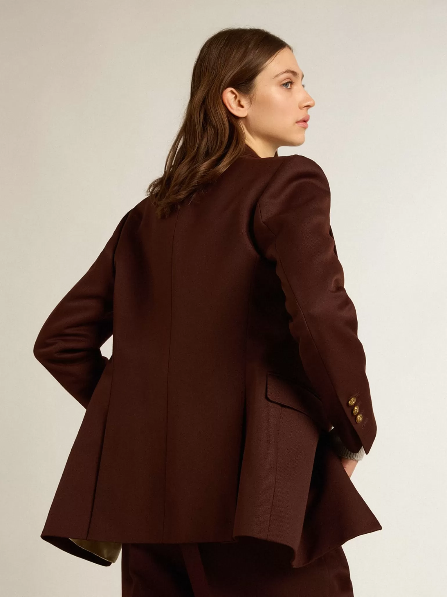 Cheap Blazer feminino de abotoamento duplo de gabardine de lã cor café MULHER Blazers