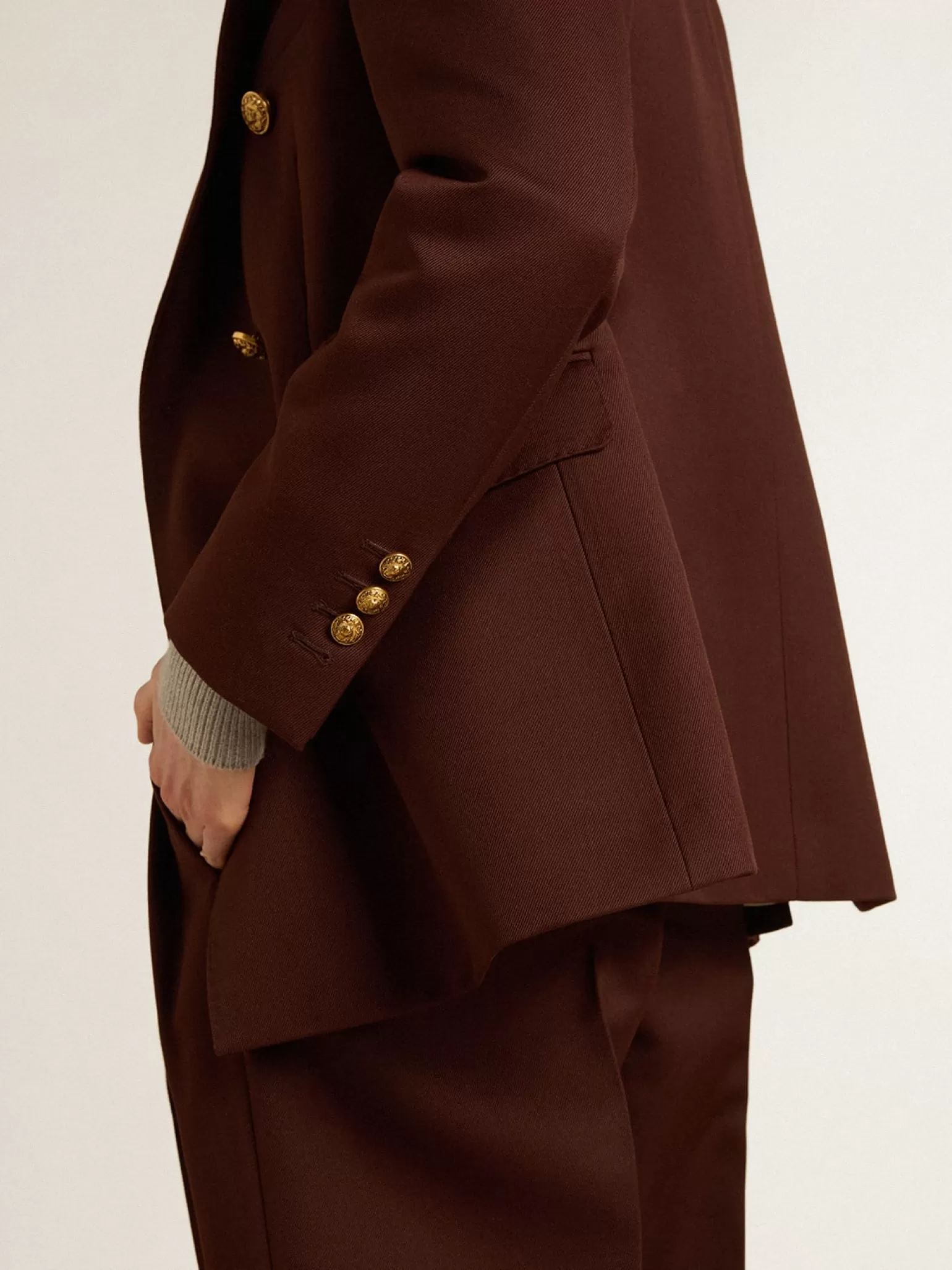 Cheap Blazer feminino de abotoamento duplo de gabardine de lã cor café MULHER Blazers