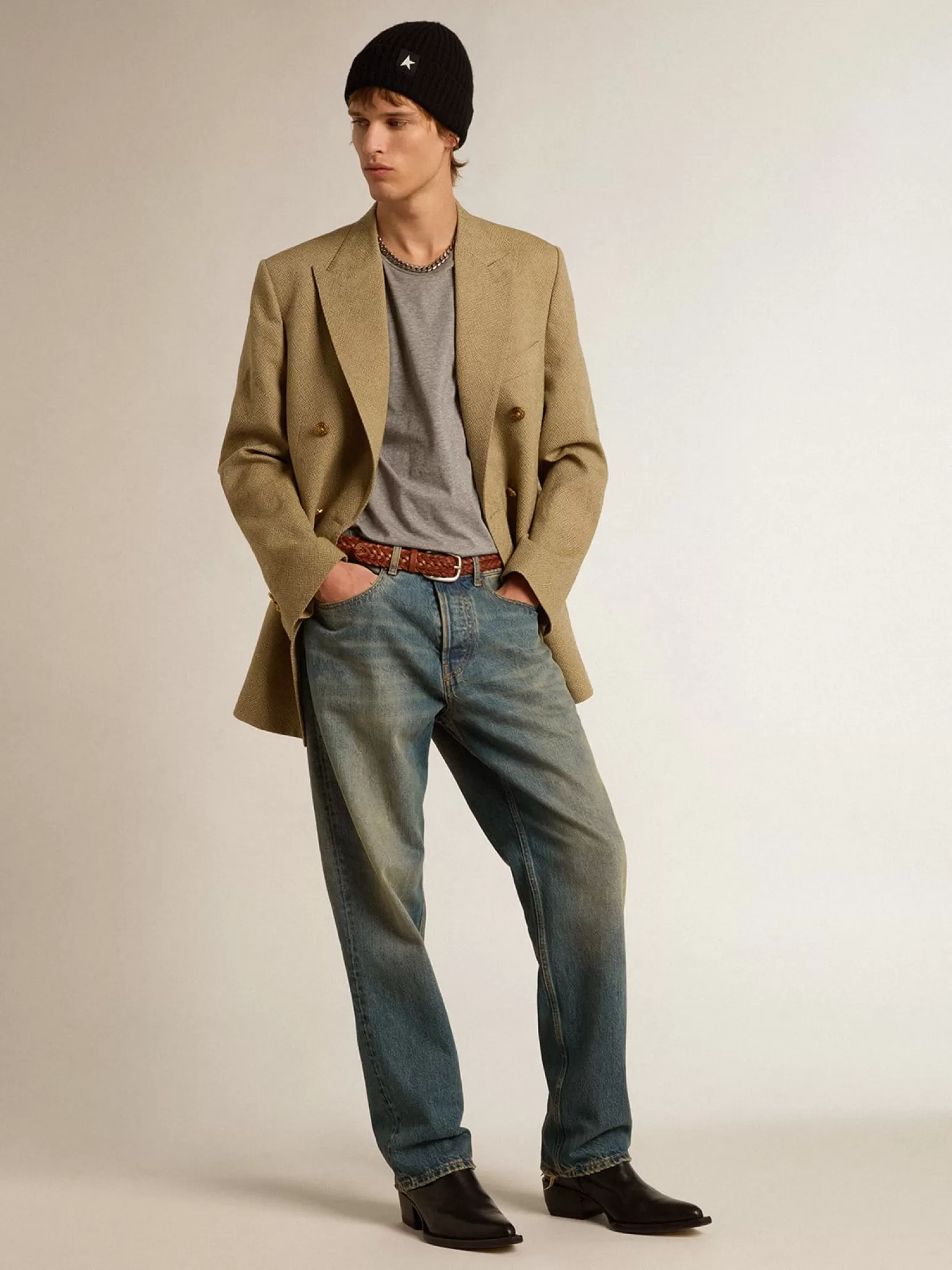 Sale Blazer masculino de abotoamento duplo de lã cor de faia clara Blazers
