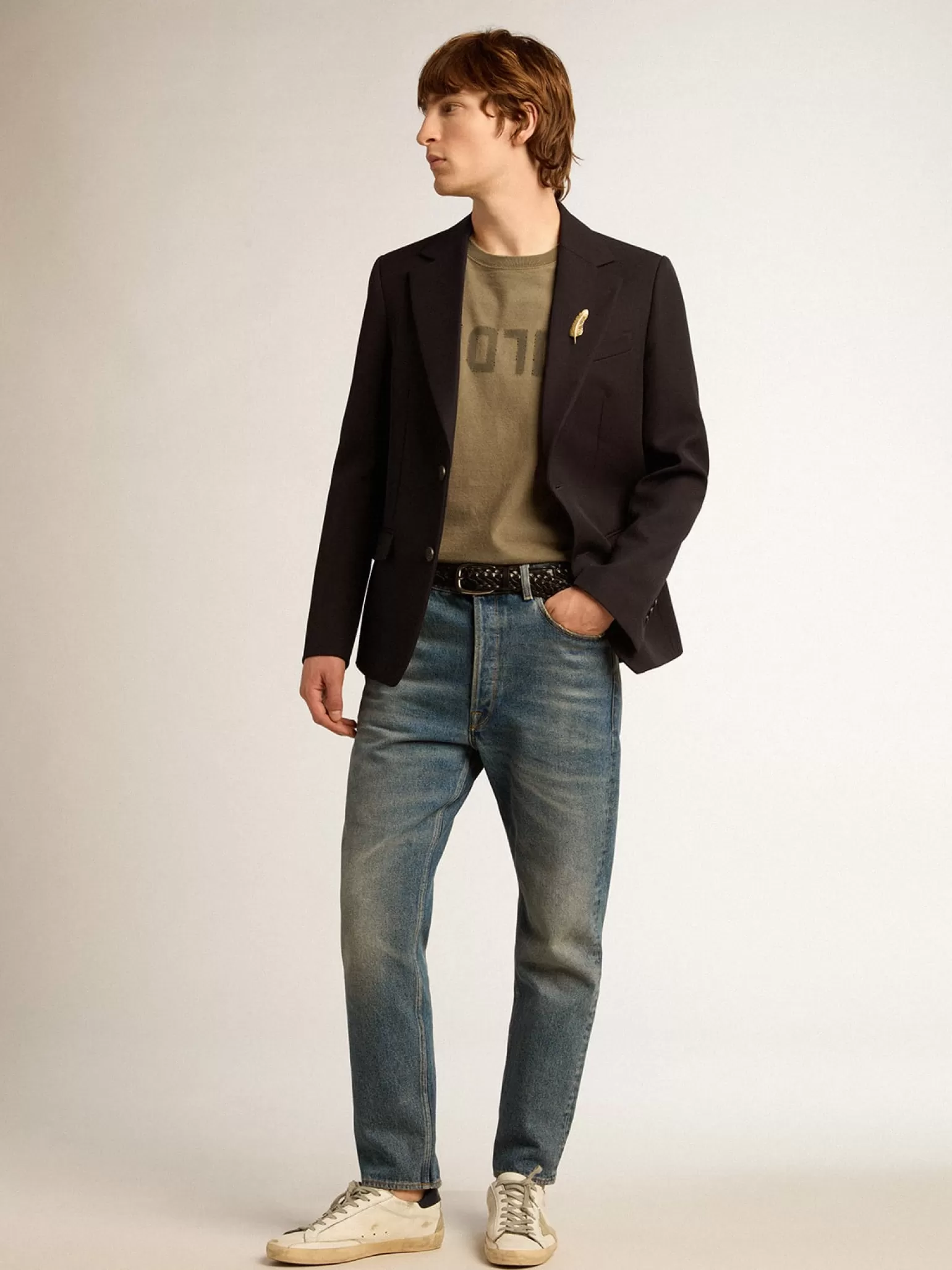 Sale Blazer masculino de abotoamento simples de gabardine de lã azul-escuro Blazers