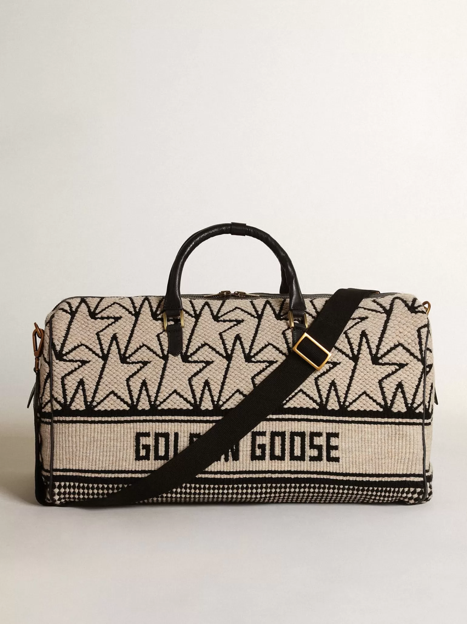 Hot Bolsa de viagem masculina de lã jacquard branco-leite e escrita preta Bolsas de viagem