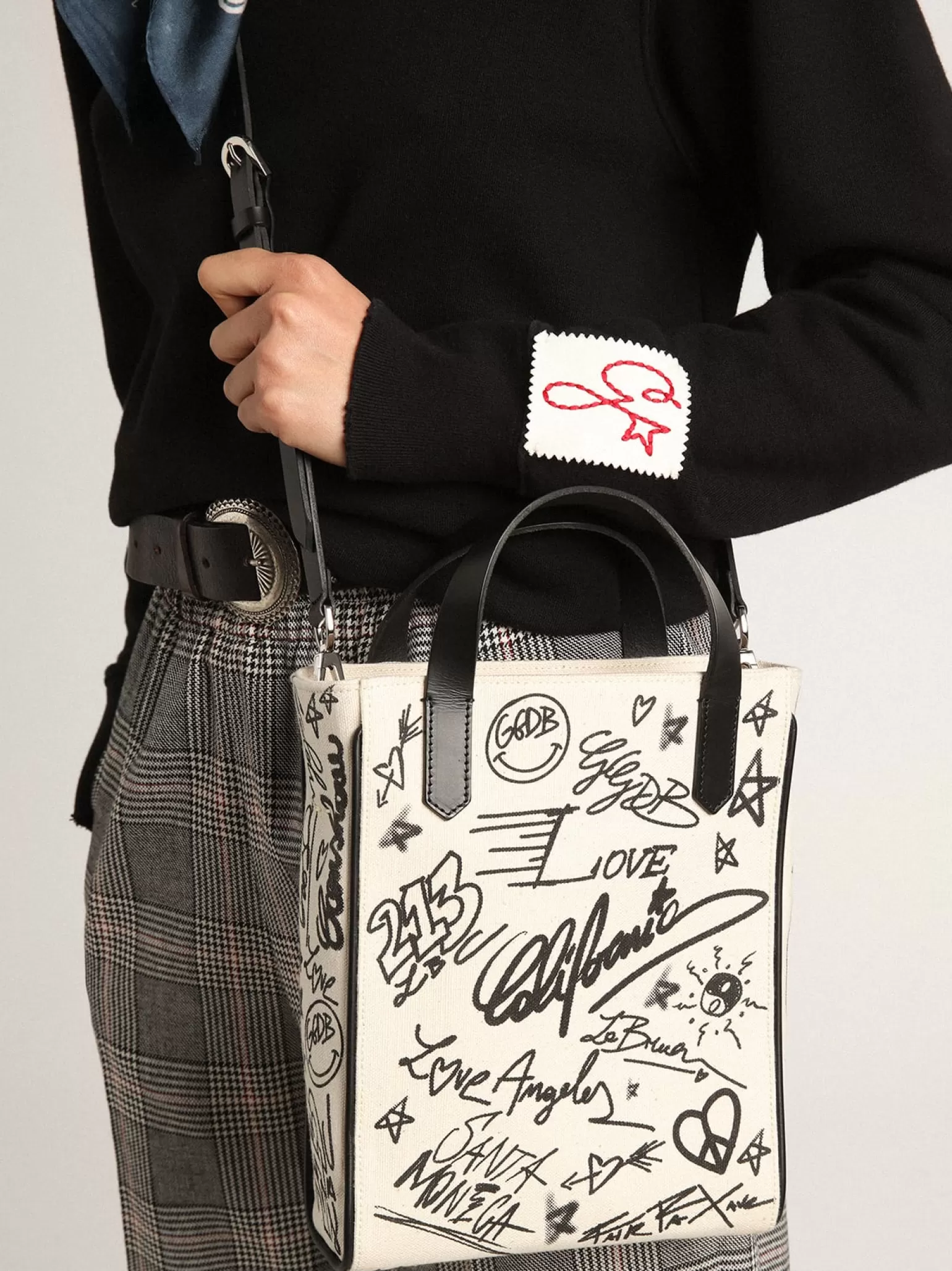 Outlet Bolsa Mini California feminina de algodão branco com estampa preta MULHER Minibolsas | Bolsas de mão