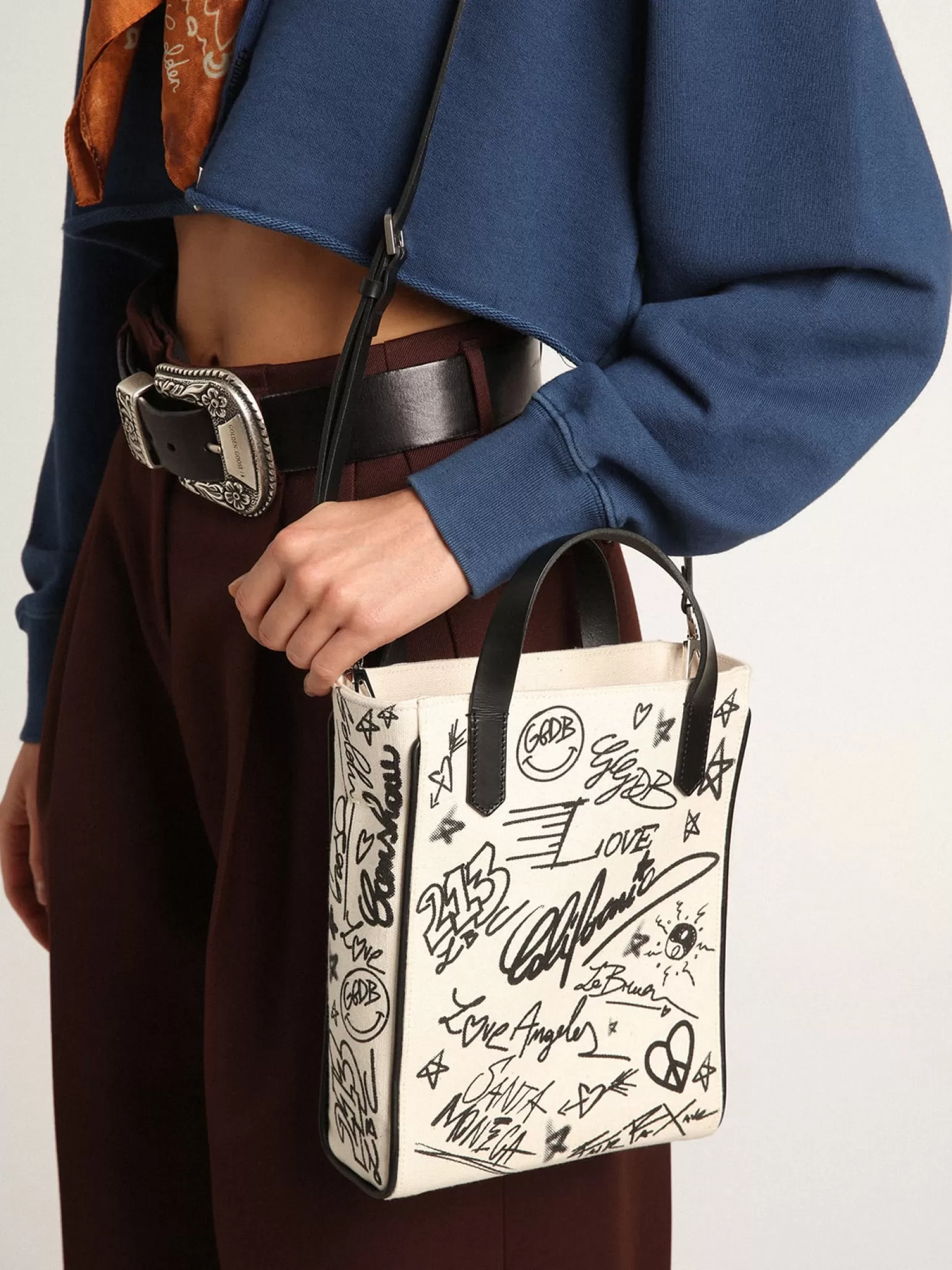 Outlet Bolsa Mini California feminina de algodão branco com estampa preta MULHER Minibolsas | Bolsas de mão
