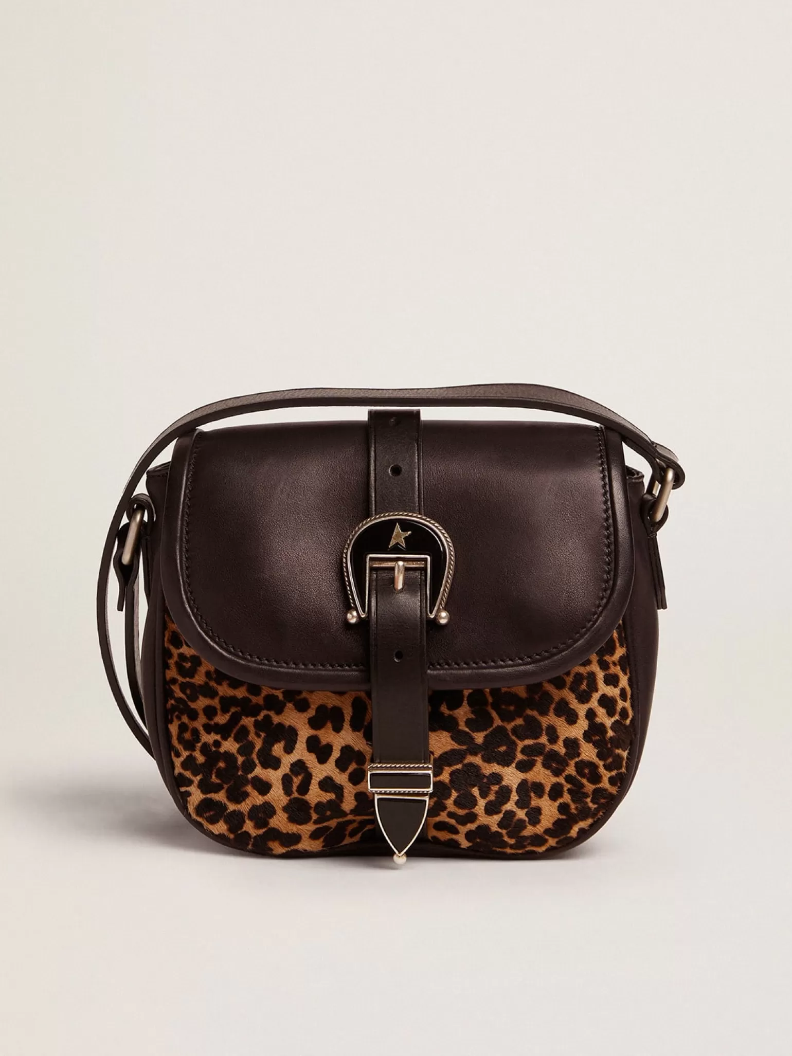 Store Bolsa Rodeo pequena de couro preto e couro cavalinho com estampa de leopardo MULHER Bolsas tiracolo