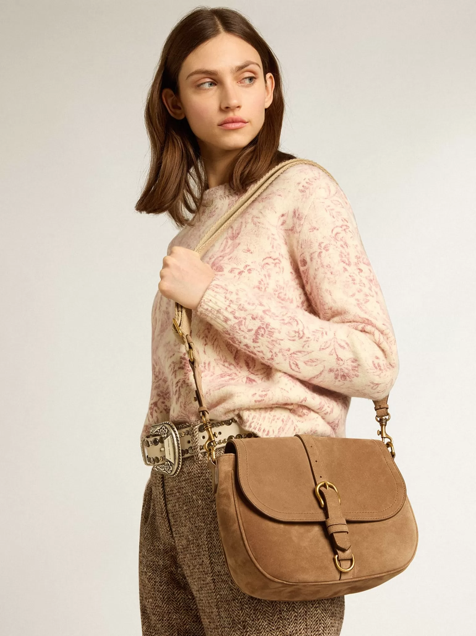 Discount Bolsa Sally média de suede cinza com fivela e alça de ombro em contraste MULHER Bolsas tiracolo