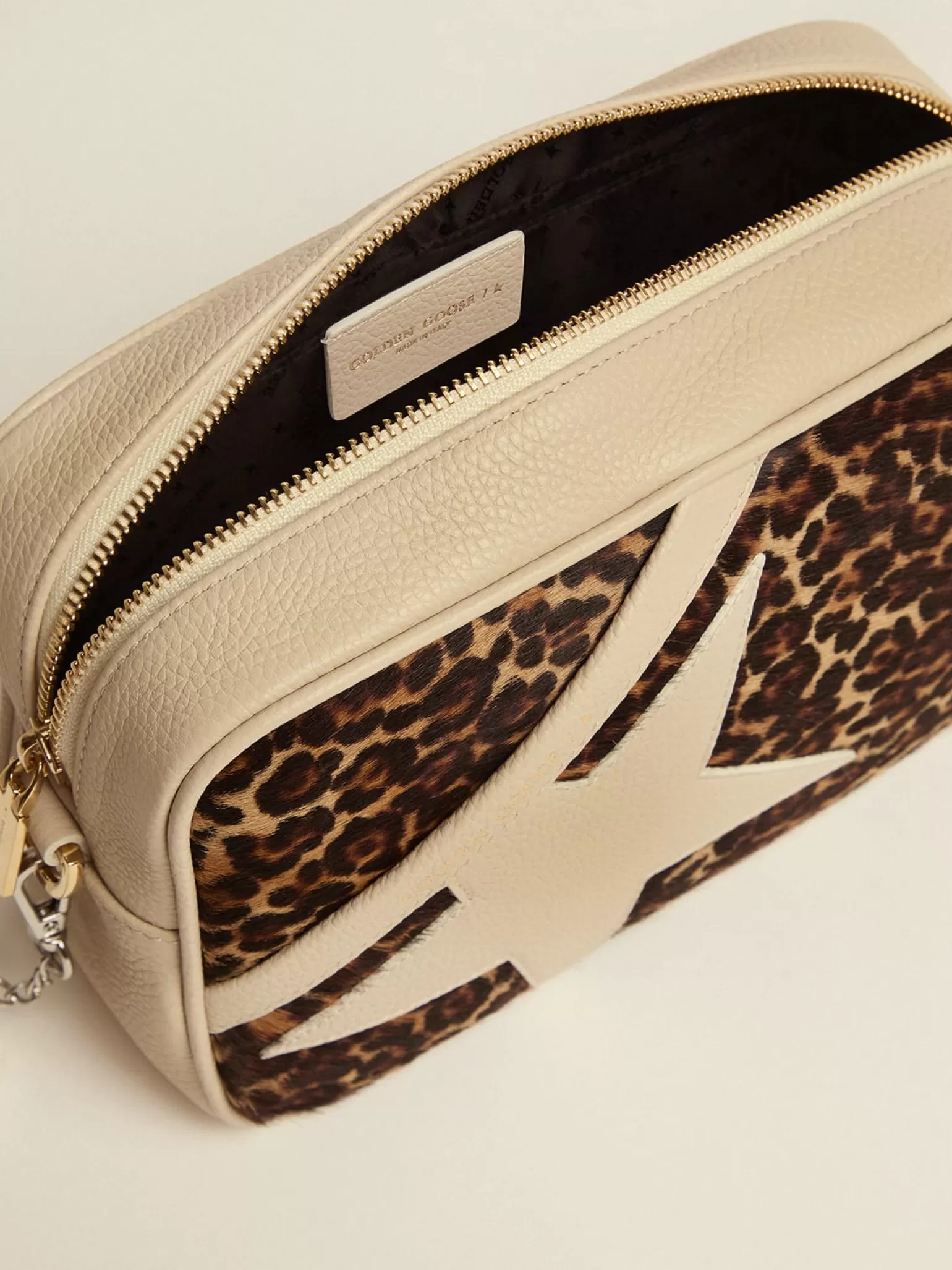 Flash Sale Bolsa Star branco leite com inserção de couro cavalinho com estampa de leopardo MULHER Bolsas tiracolo