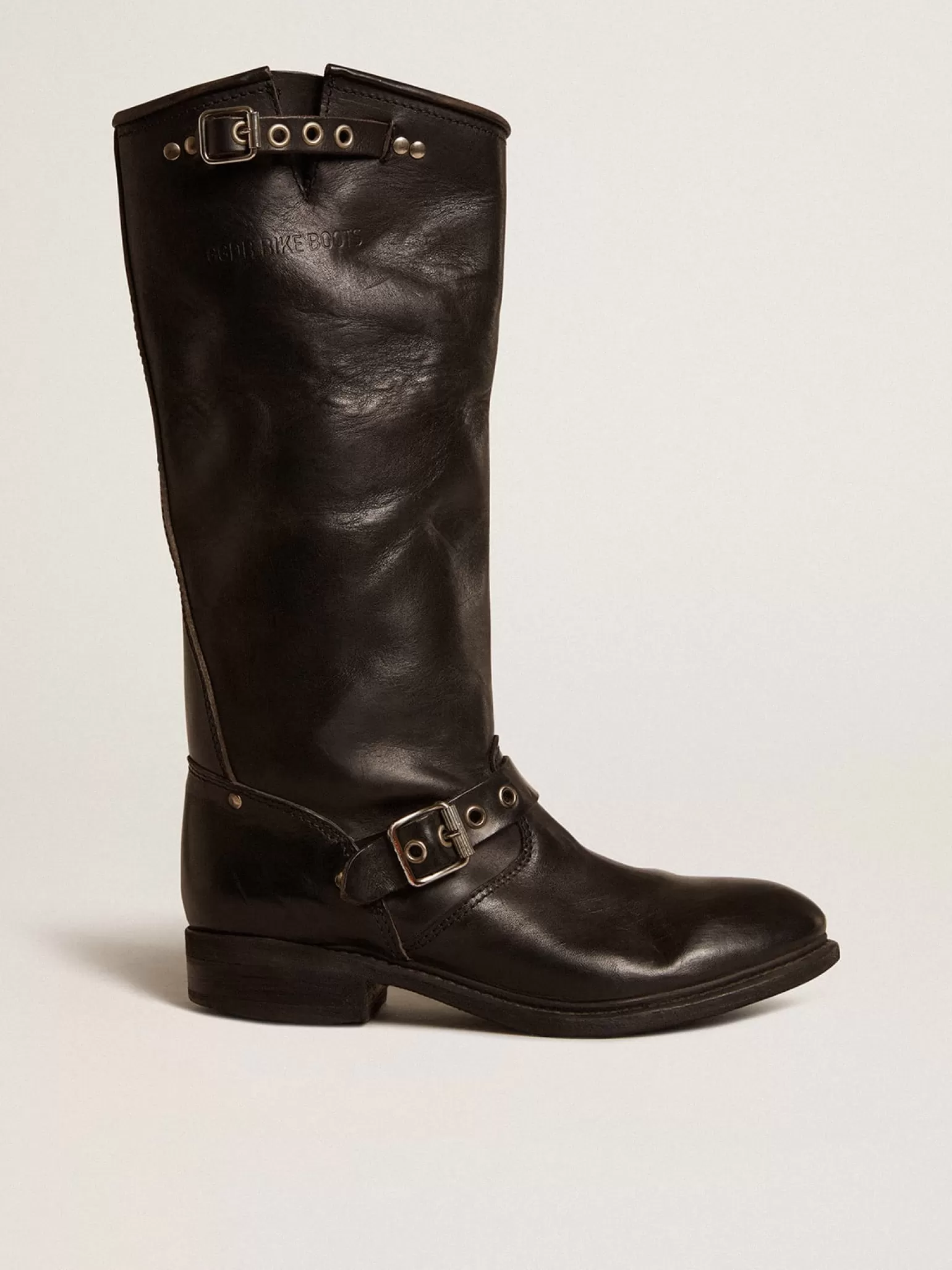 Store Botas Biker de cano alto de couro preto com tachas e fivelas prateadas MULHER Botas