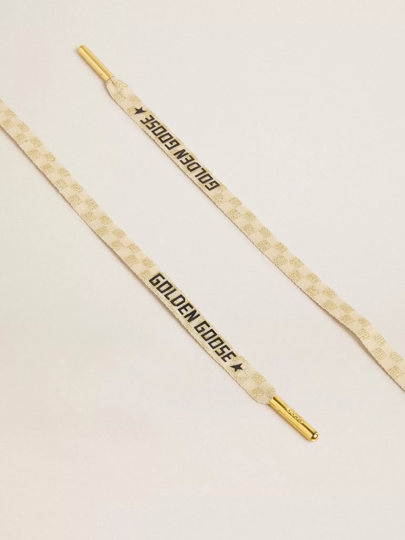 New Cadarços de algodão xadrez dourado e bege com estrelinhas e escrita em contraste MULHER Cadarços | Cadarços