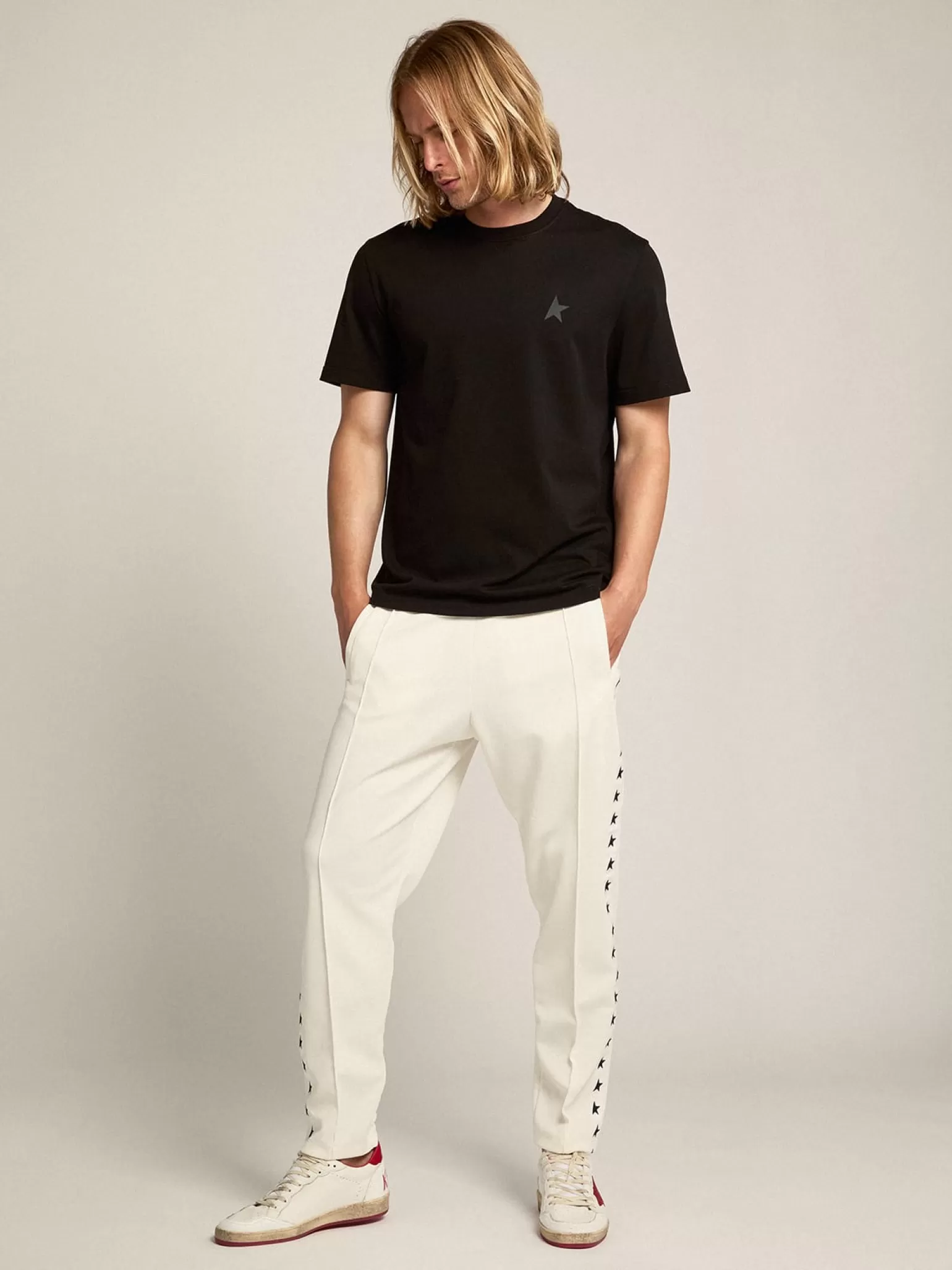 Outlet Calça de jogging masculina branca com estrelas pretas nas laterais Jeans e calças