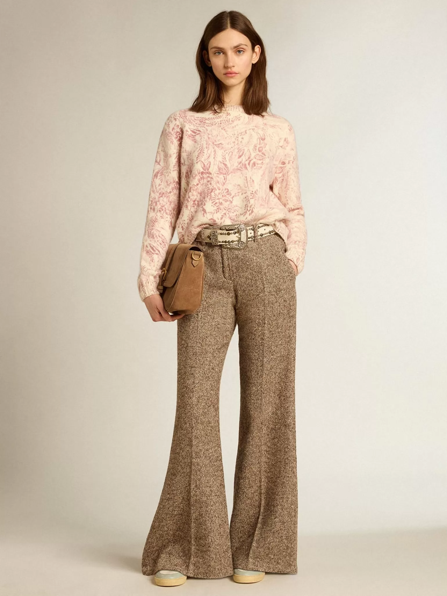 Sale Calça feminina de misto lã e seda bege e marrom MULHER Jeans e calças