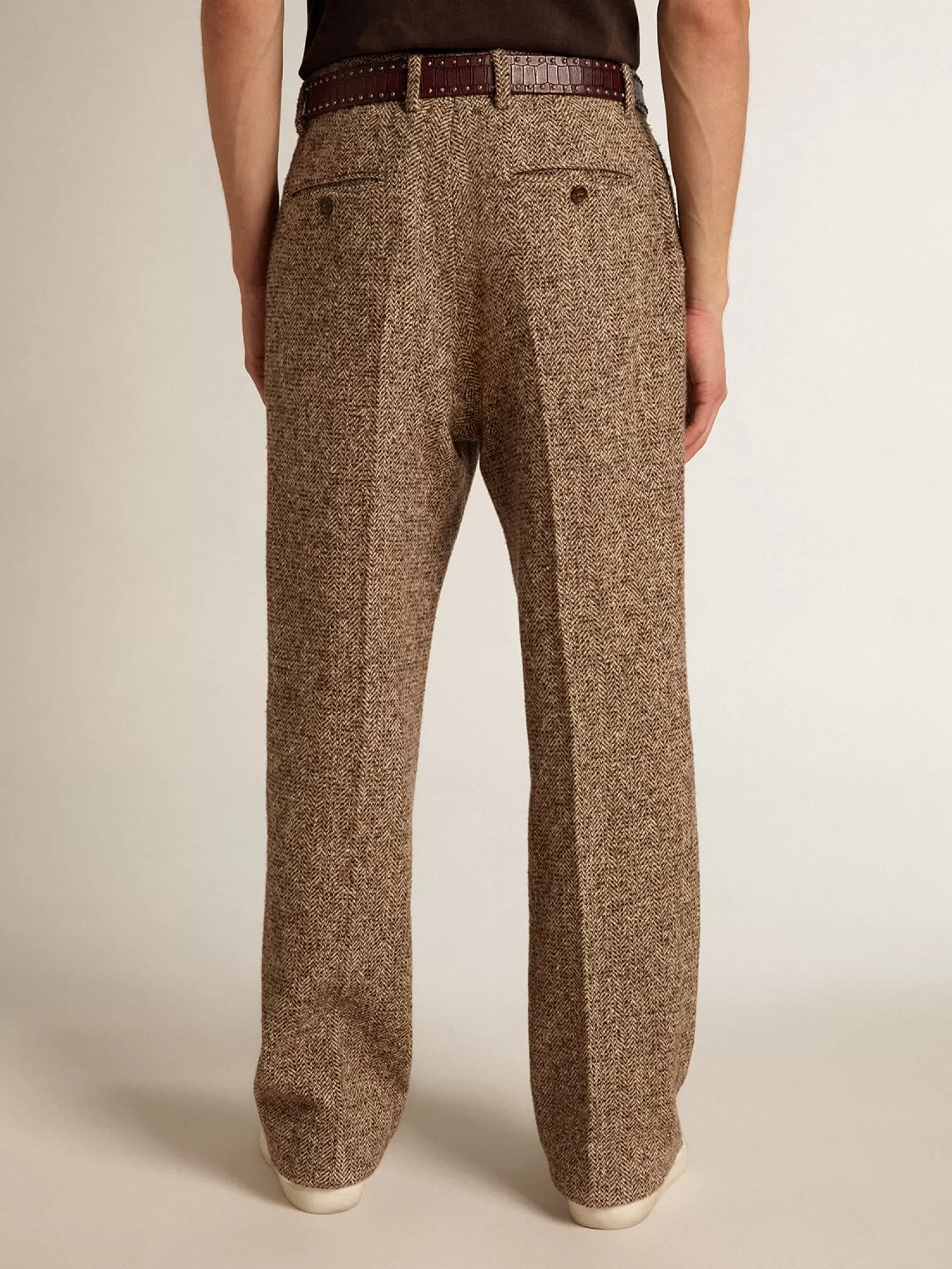 New Calça masculina de misto lã e seda bege e marrom Jeans e calças