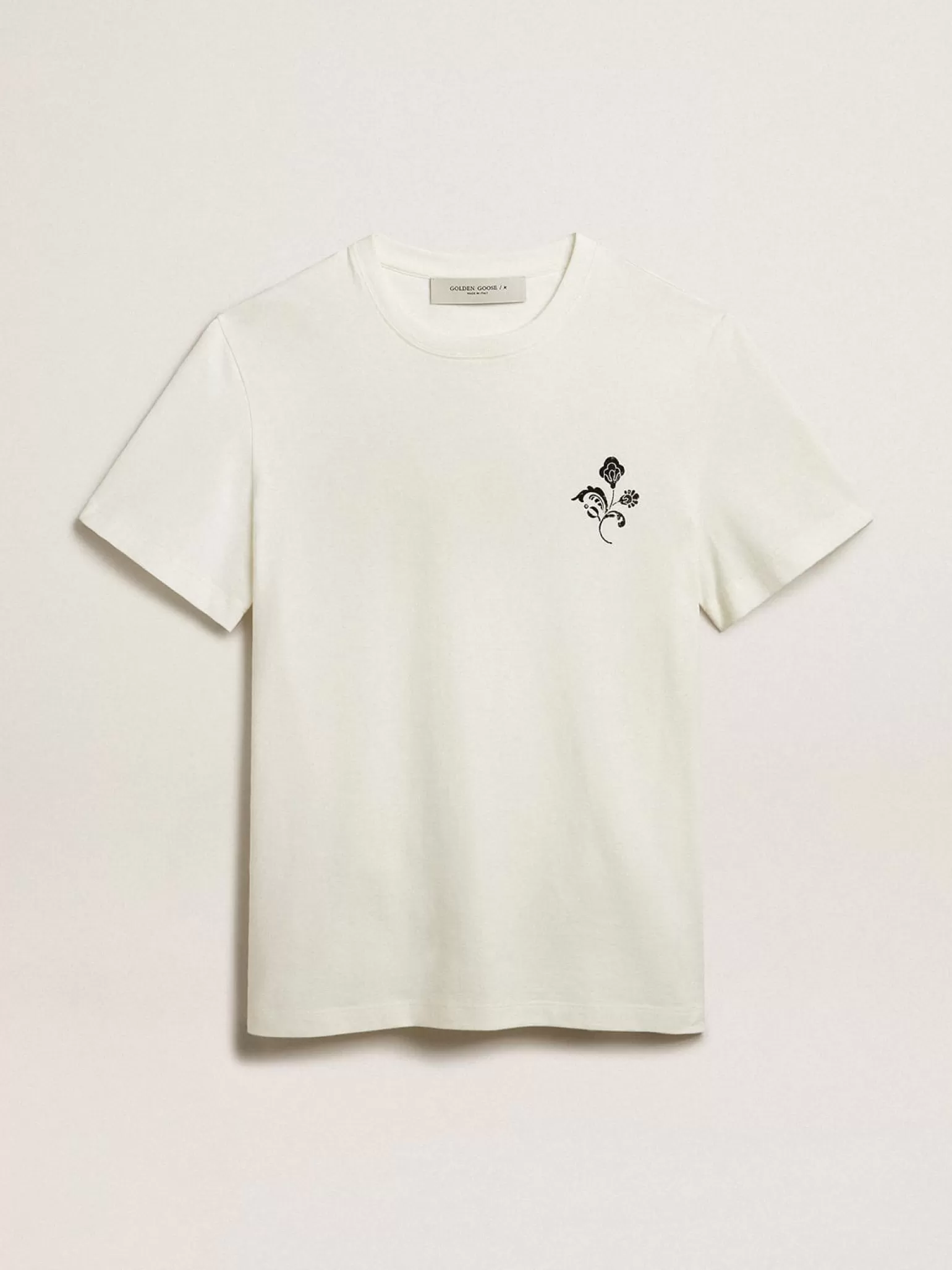 Fashion Camiseta de algodão branco com flor estampada na frente Beachwear | Camisetas