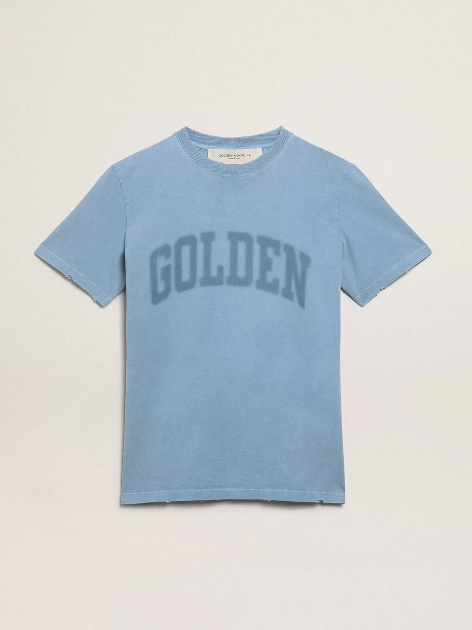Online Camiseta feminina azul-porto com inscrição Golden tom sobre tom MULHER Camisetas