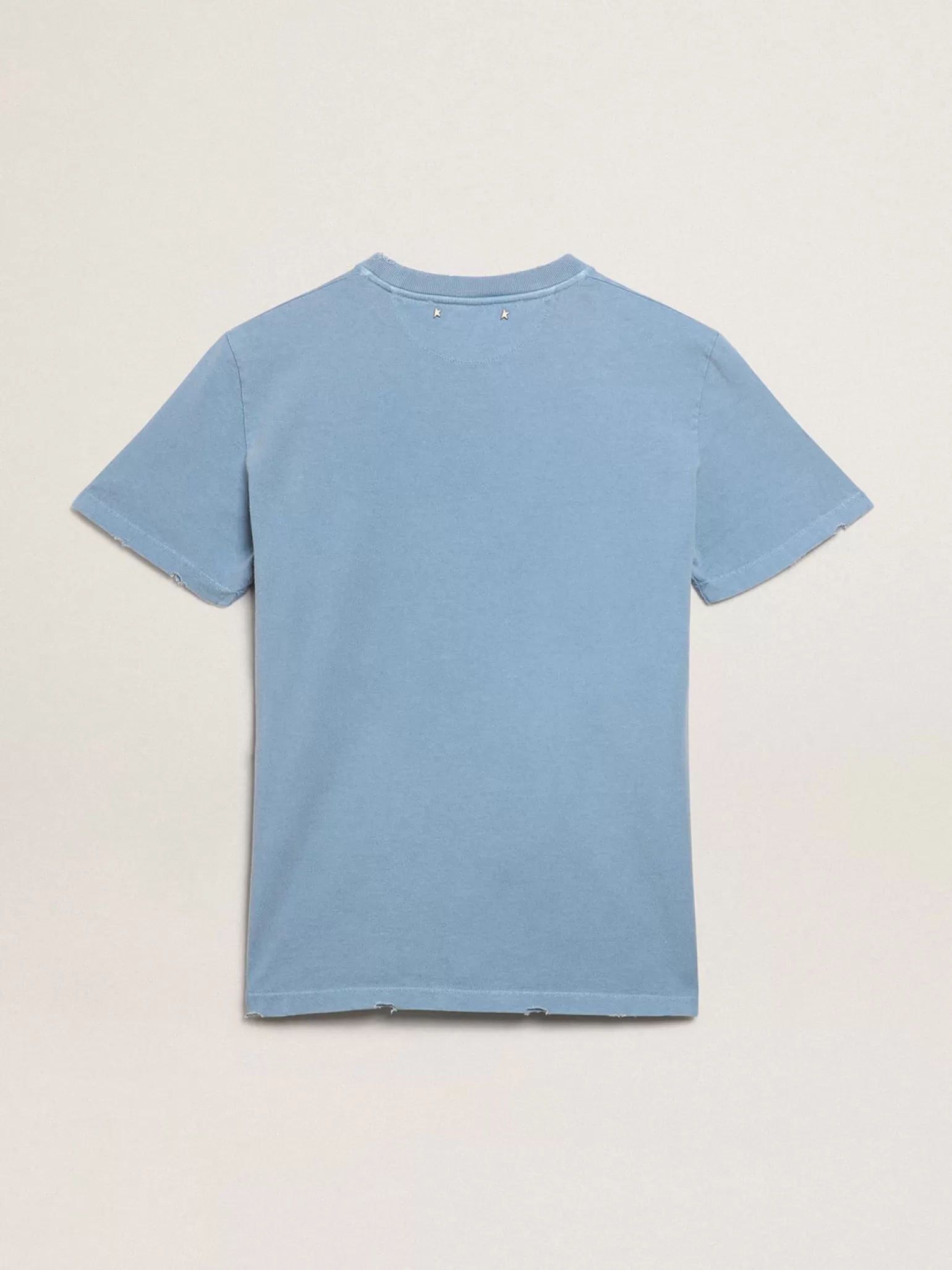 Online Camiseta feminina azul-porto com inscrição Golden tom sobre tom MULHER Camisetas