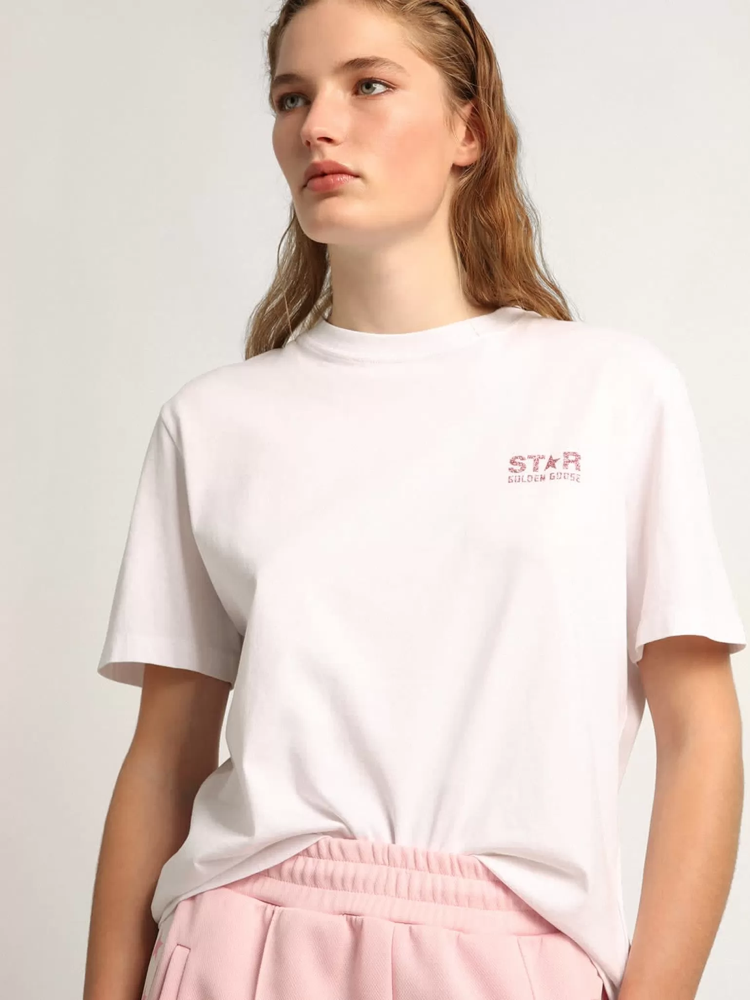 Cheap Camiseta feminina branca com logo e estrela de glitter rosa MULHER Camisetas