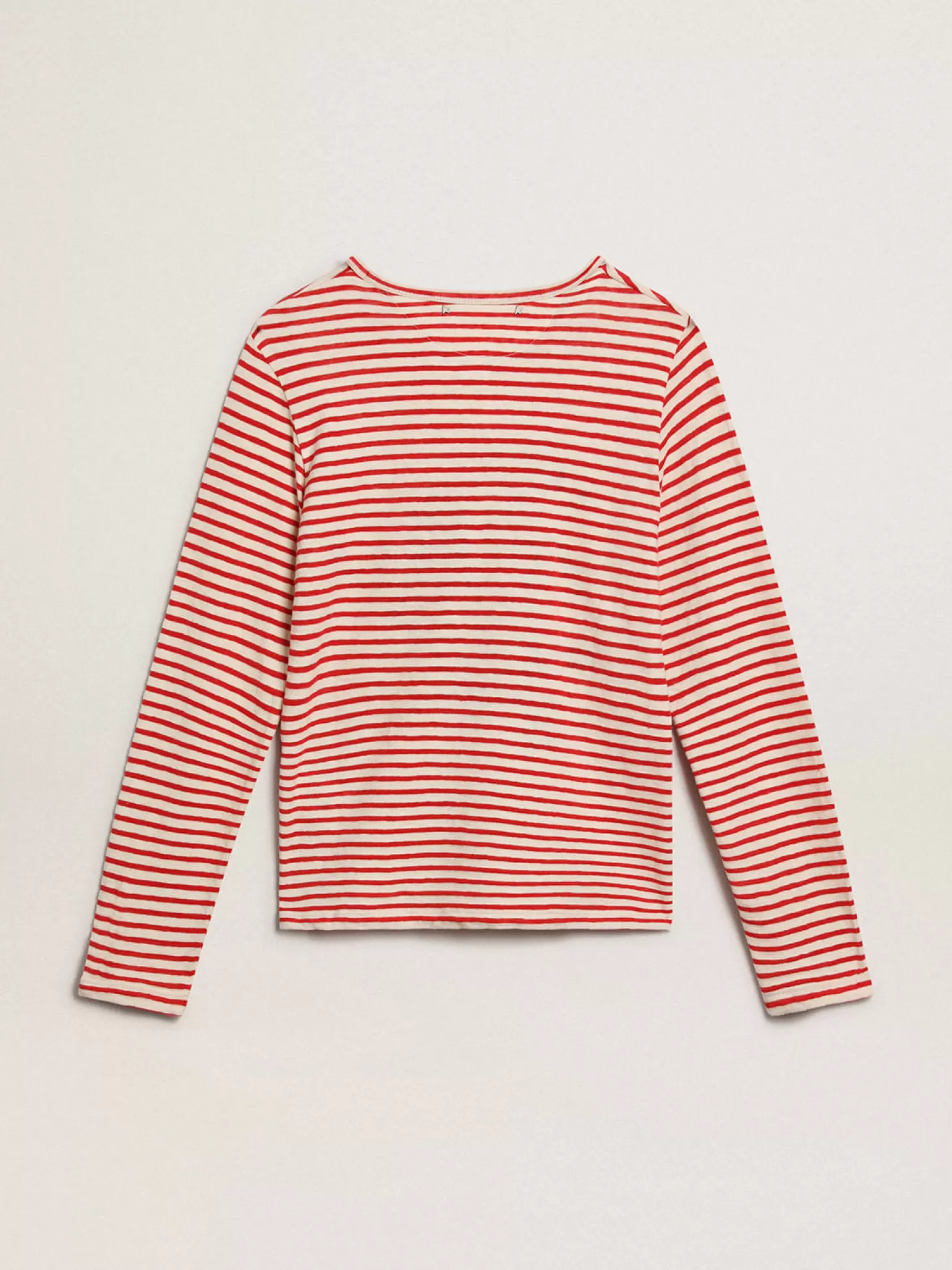 Store Camiseta feminina com listras brancas e vermelhas e bordado na frente MULHER Camisetas