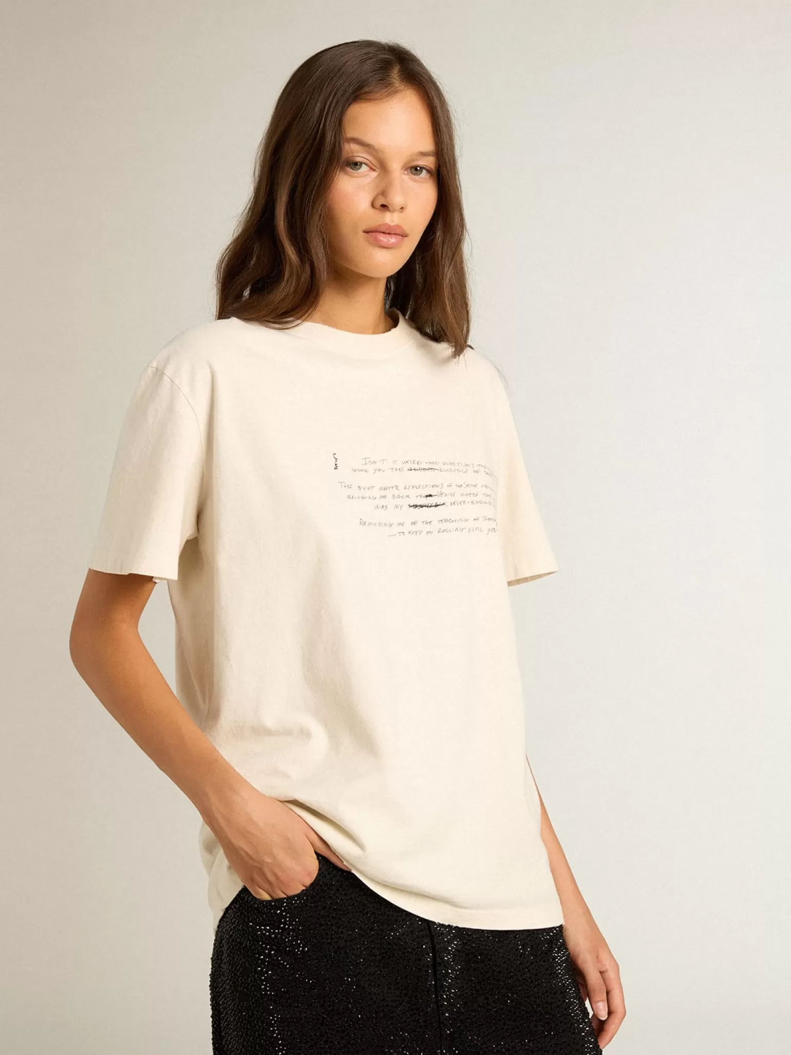 Discount Camiseta feminina de algodão branco usado com escrita bordada MULHER Camisetas