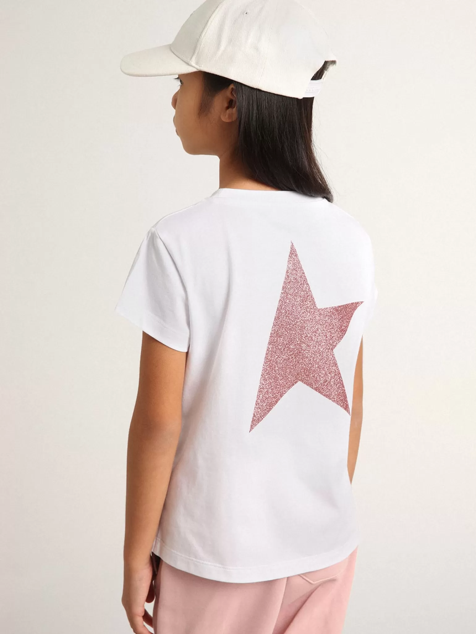 Best Camiseta infantil feminina branca com logo e maxi estrela de glitter rosa Roupas de cima (4-12 years)