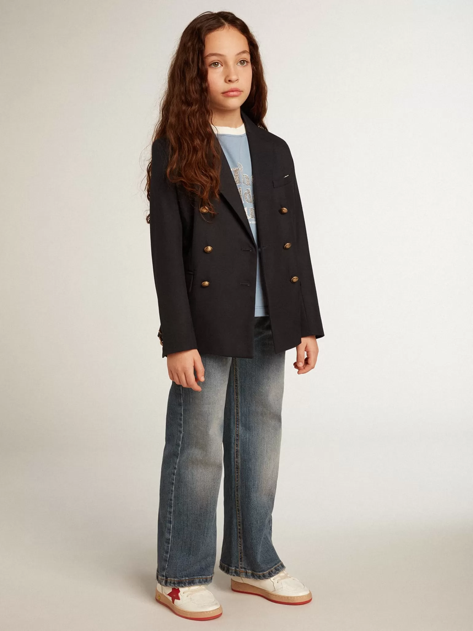 Fashion Camiseta infantil feminina de algodão azul com estampa com cristais Roupas de cima (4-12 years)