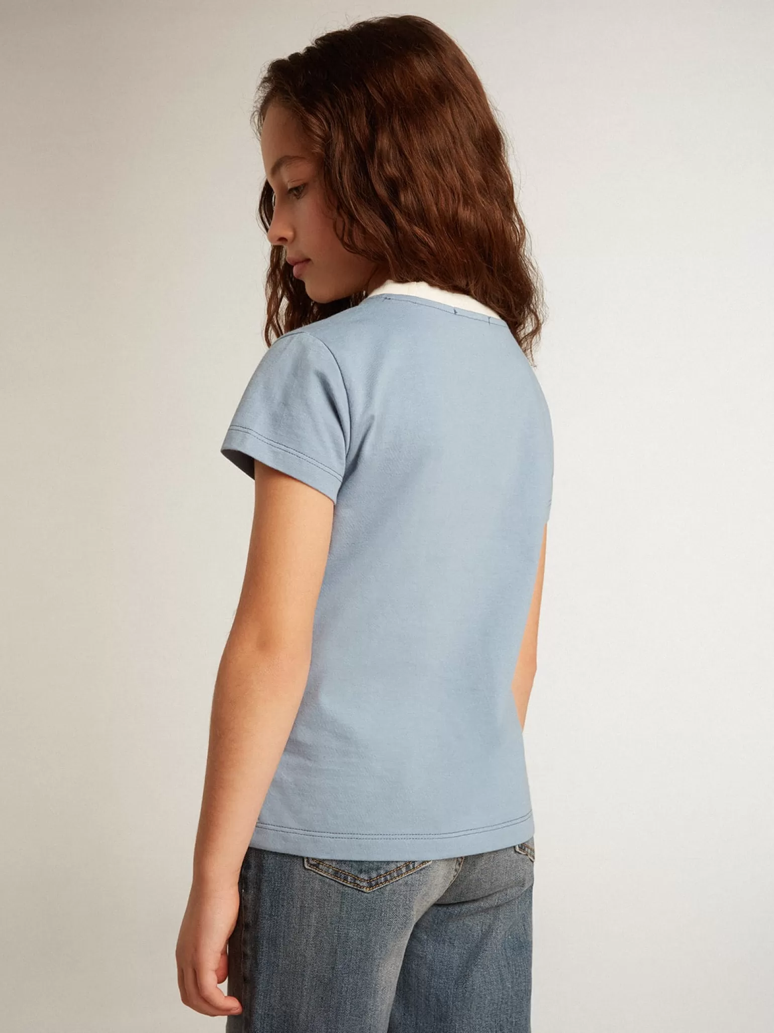Fashion Camiseta infantil feminina de algodão azul com estampa com cristais Roupas de cima (4-12 years)