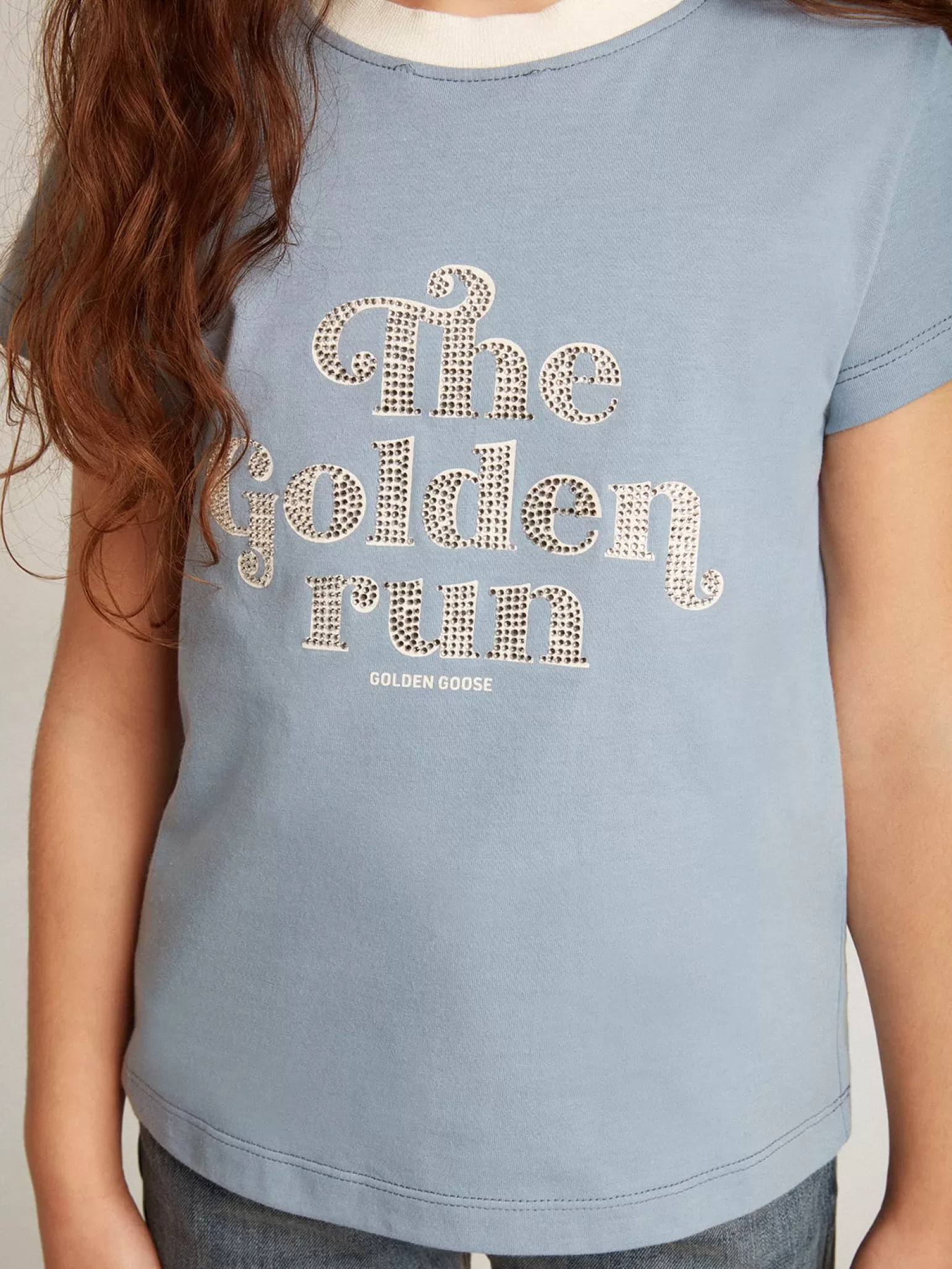 Fashion Camiseta infantil feminina de algodão azul com estampa com cristais Roupas de cima (4-12 years)