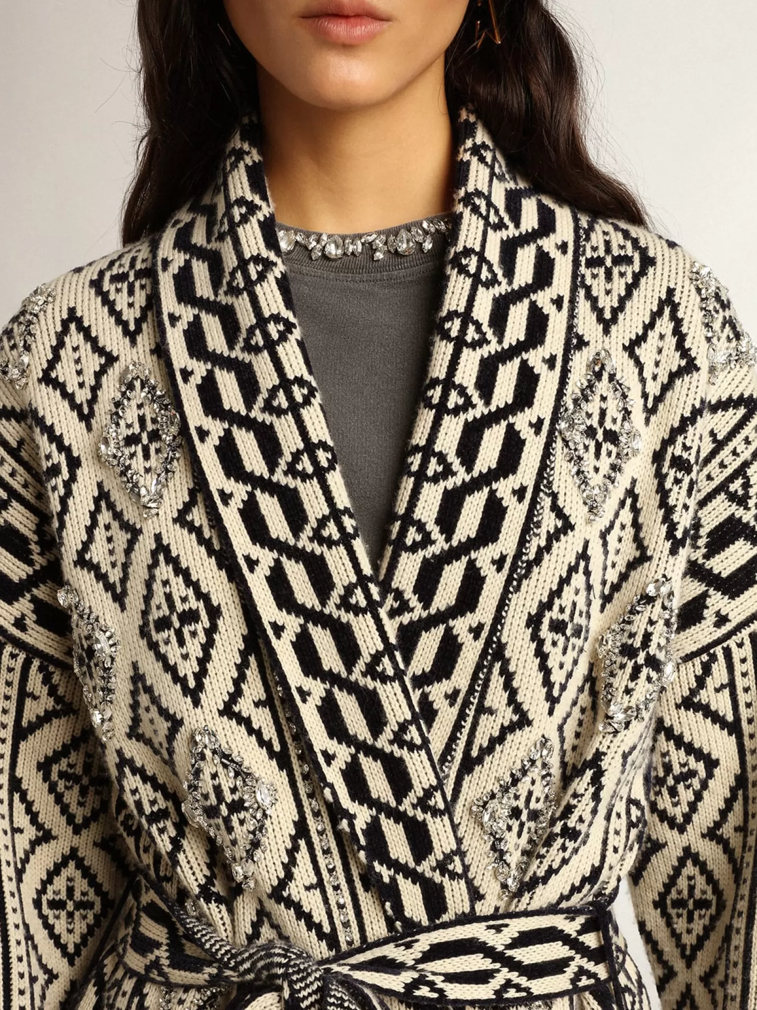 Best Sale Cardigã cor de papiro de lã com motivo jacquard e cristais MULHER Malhas