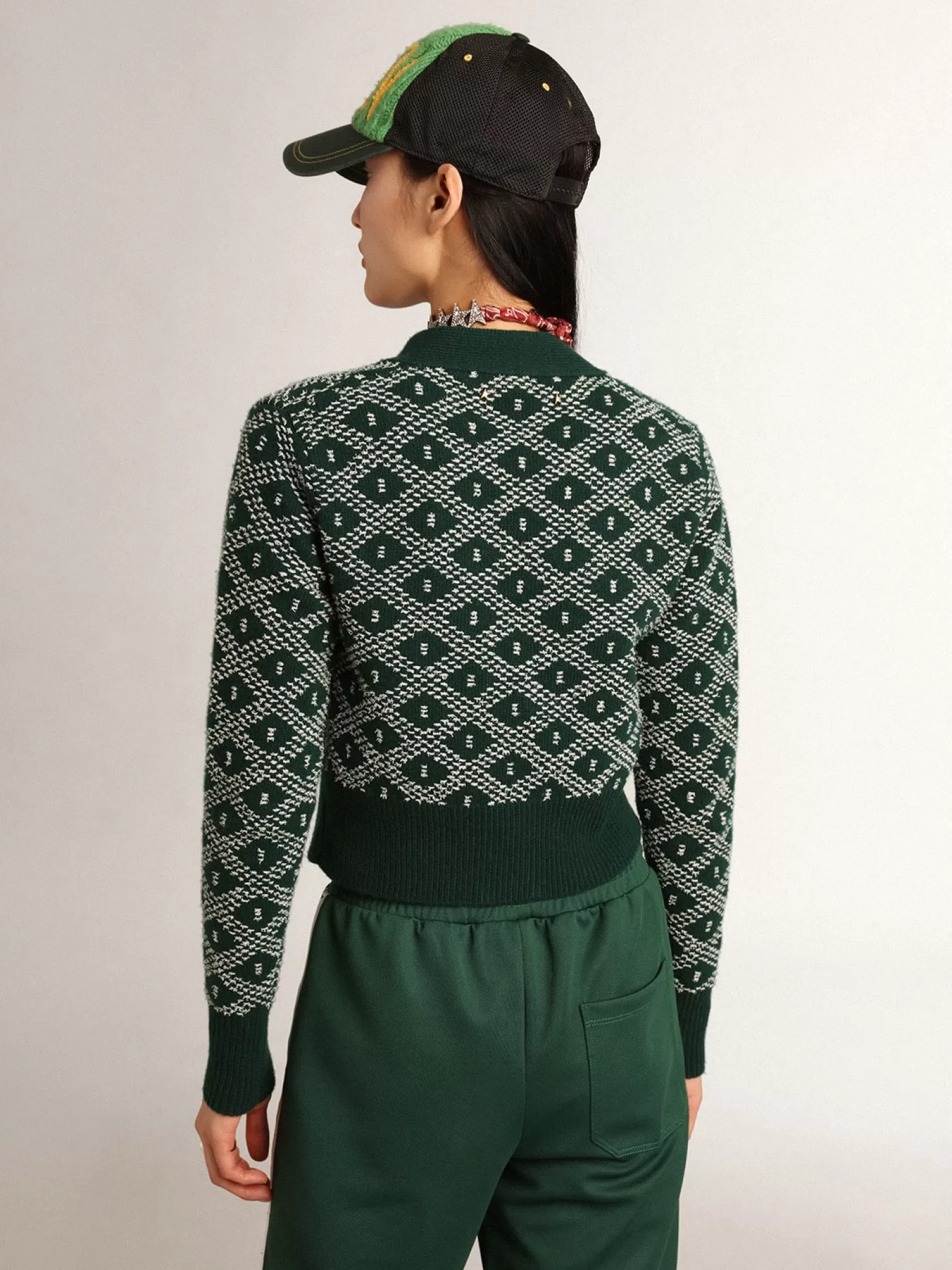 Cheap Cardigã cropped feminino com jacquard em losangos verde e branco MULHER Malhas