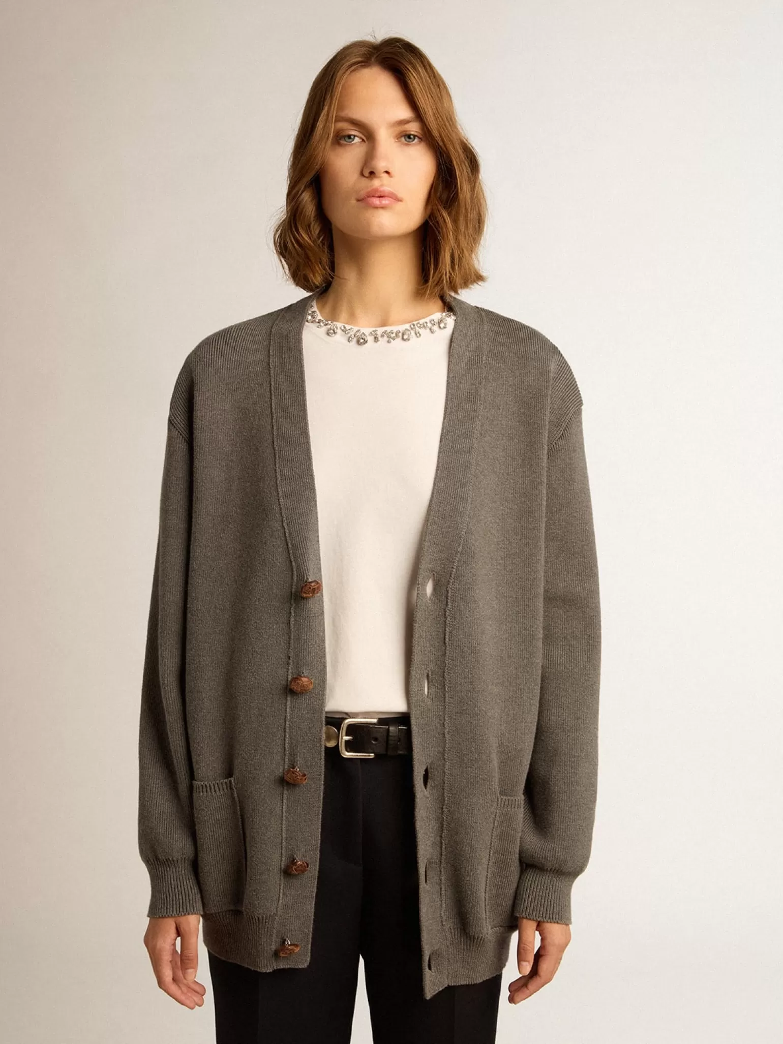 New Cardigã feminino de algodão cinza mescla com logo nas costas MULHER Malhas