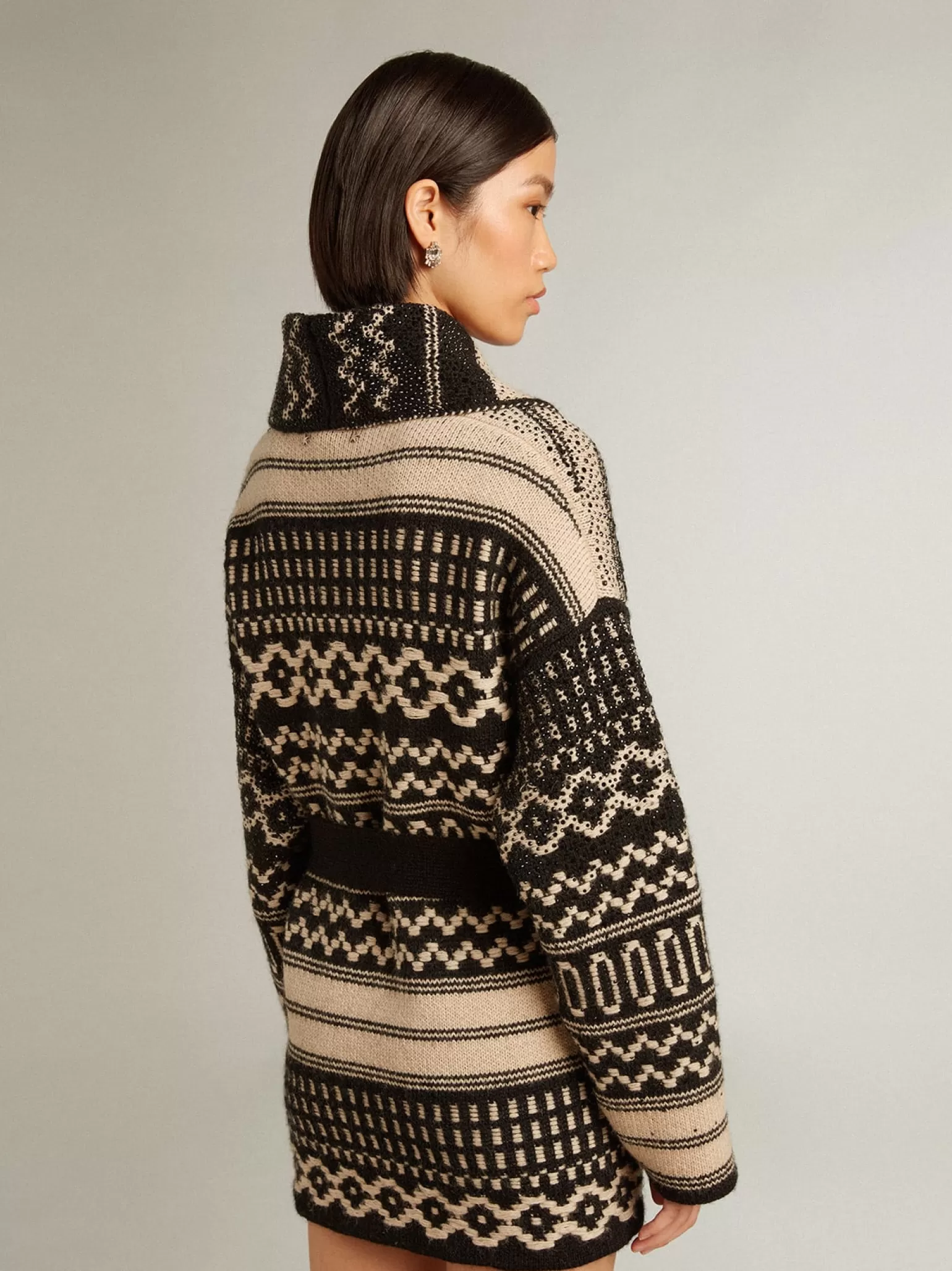 Flash Sale Cardigã feminino de lã na cor cru com padrão jacquard e cinto MULHER Malhas