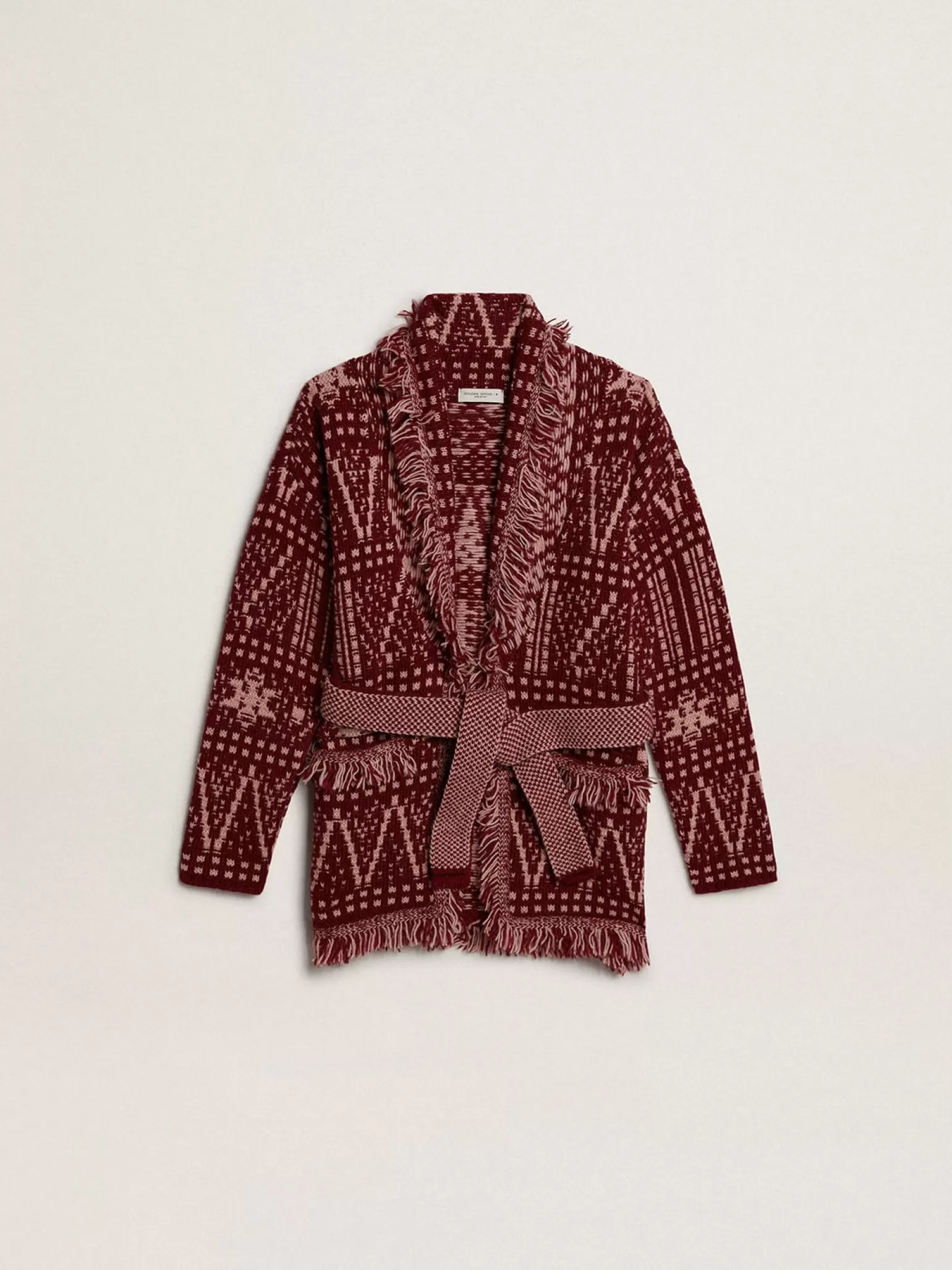 Online Cardigã infantil feminino com cinto e estampa fair isle bordô Roupas de cima (4-12 years)