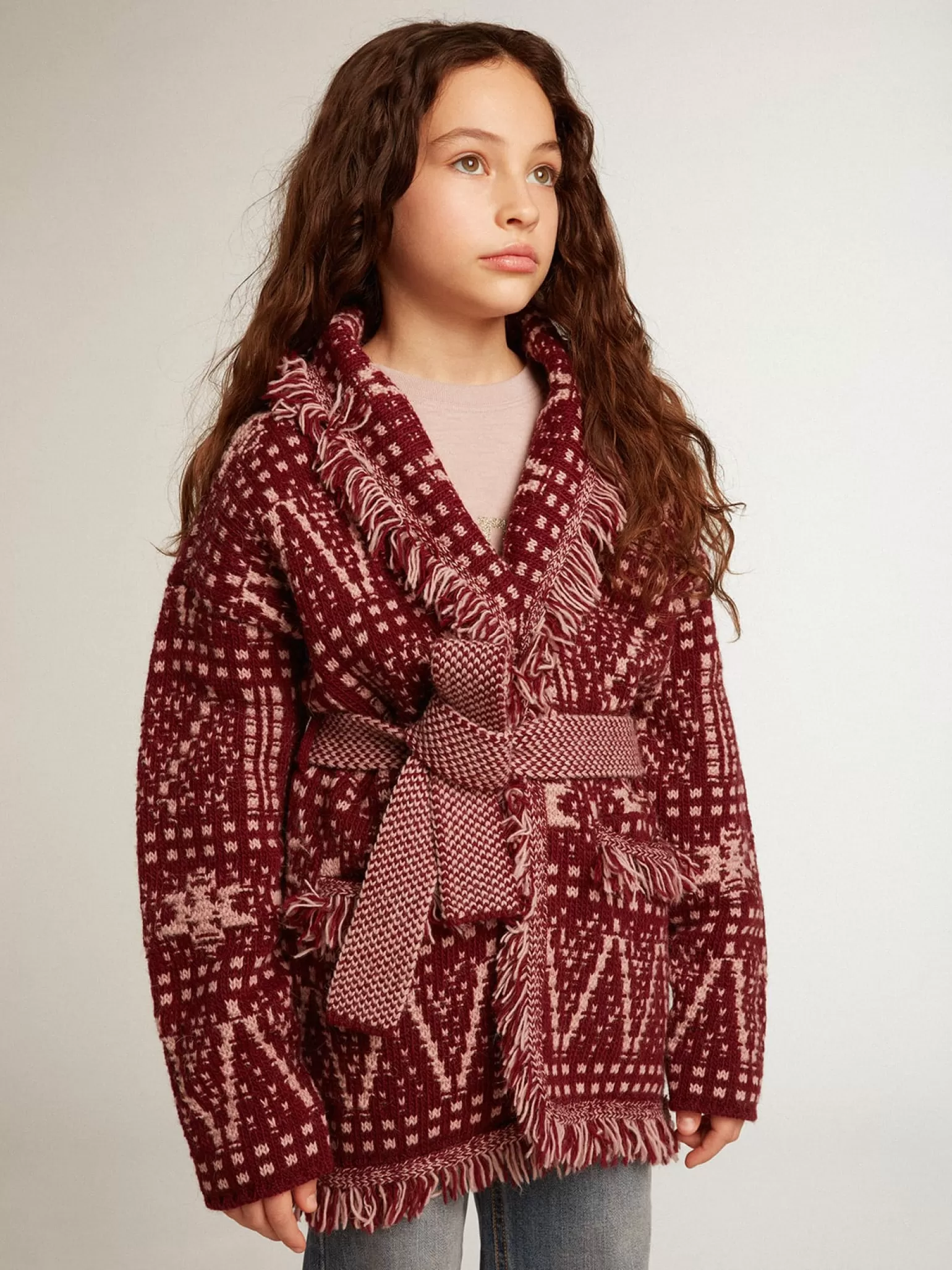 Online Cardigã infantil feminino com cinto e estampa fair isle bordô Roupas de cima (4-12 years)