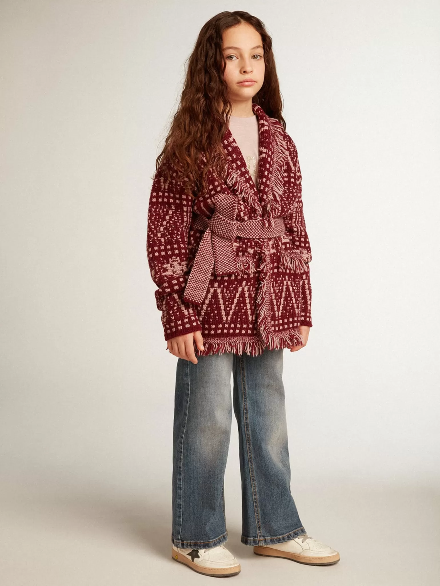 Online Cardigã infantil feminino com cinto e estampa fair isle bordô Roupas de cima (4-12 years)