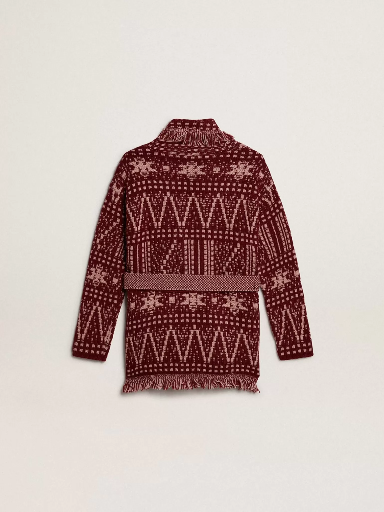 Online Cardigã infantil feminino com cinto e estampa fair isle bordô Roupas de cima (4-12 years)