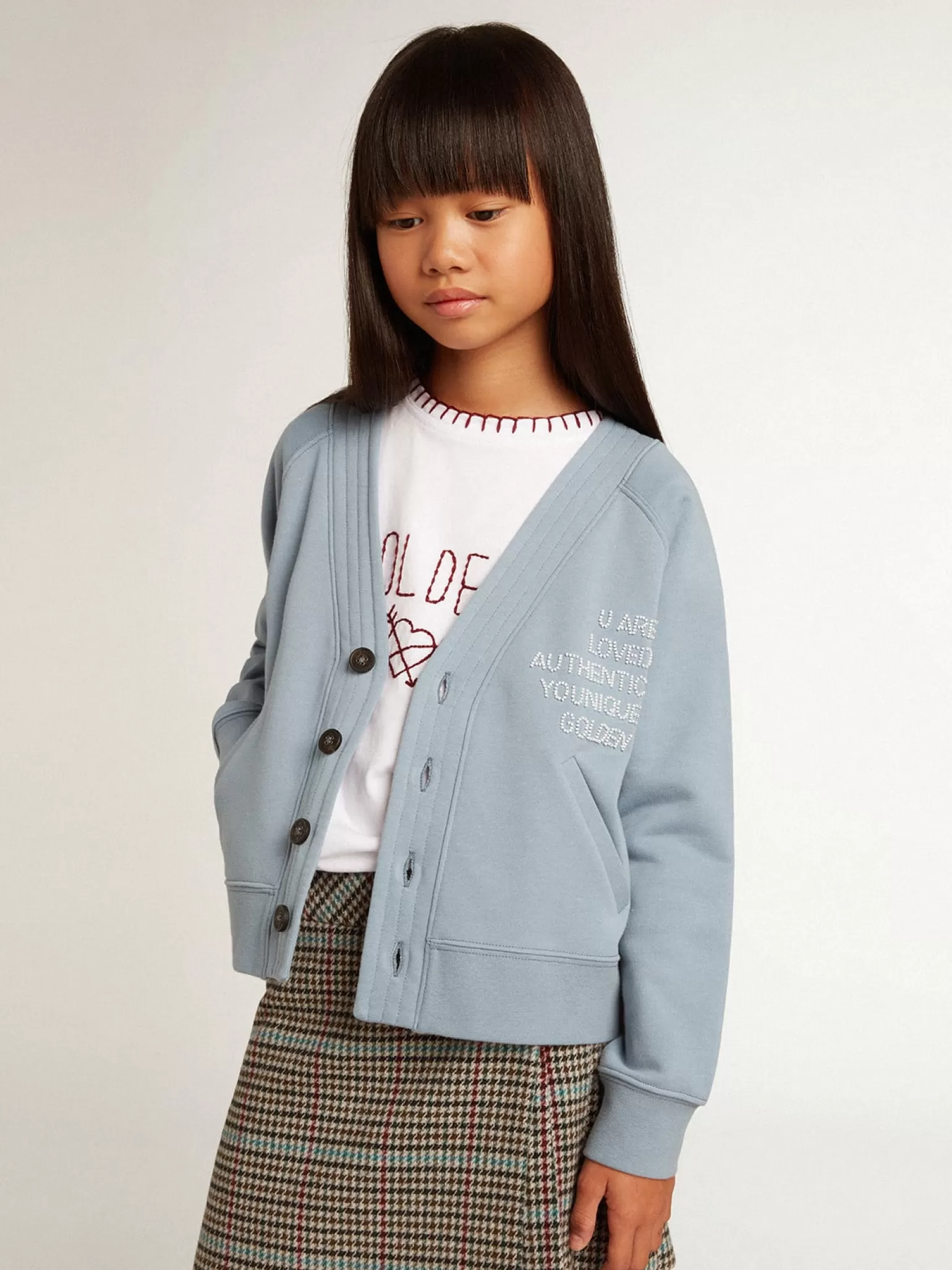 Online Cardigã infantil feminino de algodão azul com escrita de miçangas Roupas de cima (4-12 years)