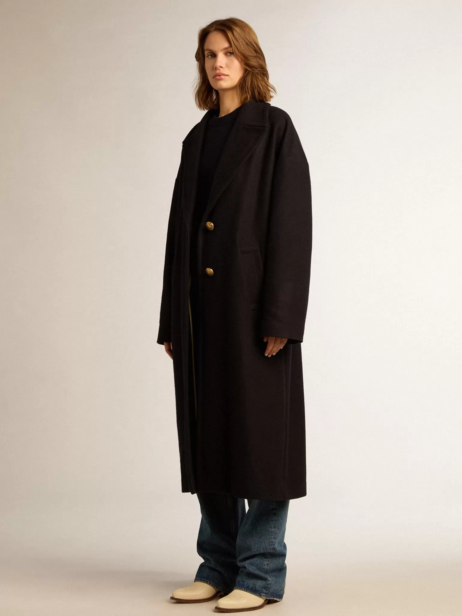 Store Casaco feminino de abotoamento simples tipo cocoon de lã azul-escuro com botões dourados MULHER Casacos e blusões