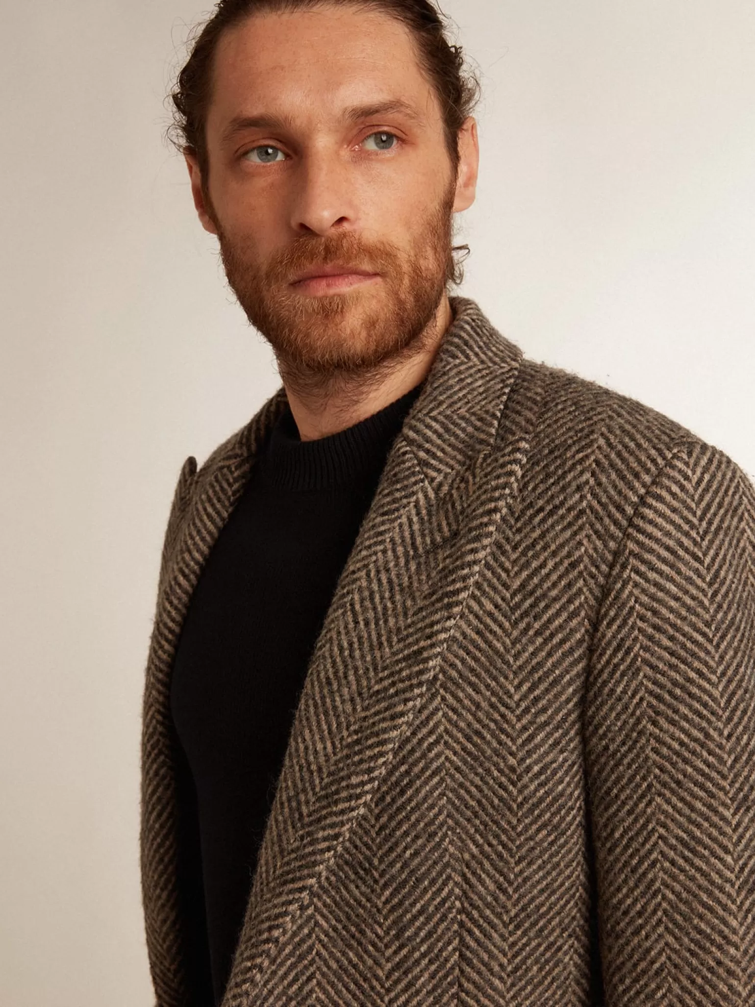 Fashion Casaco masculino de abotoamento simples de lã com trama espinha de peixe bege e cinza Casacos e blusões
