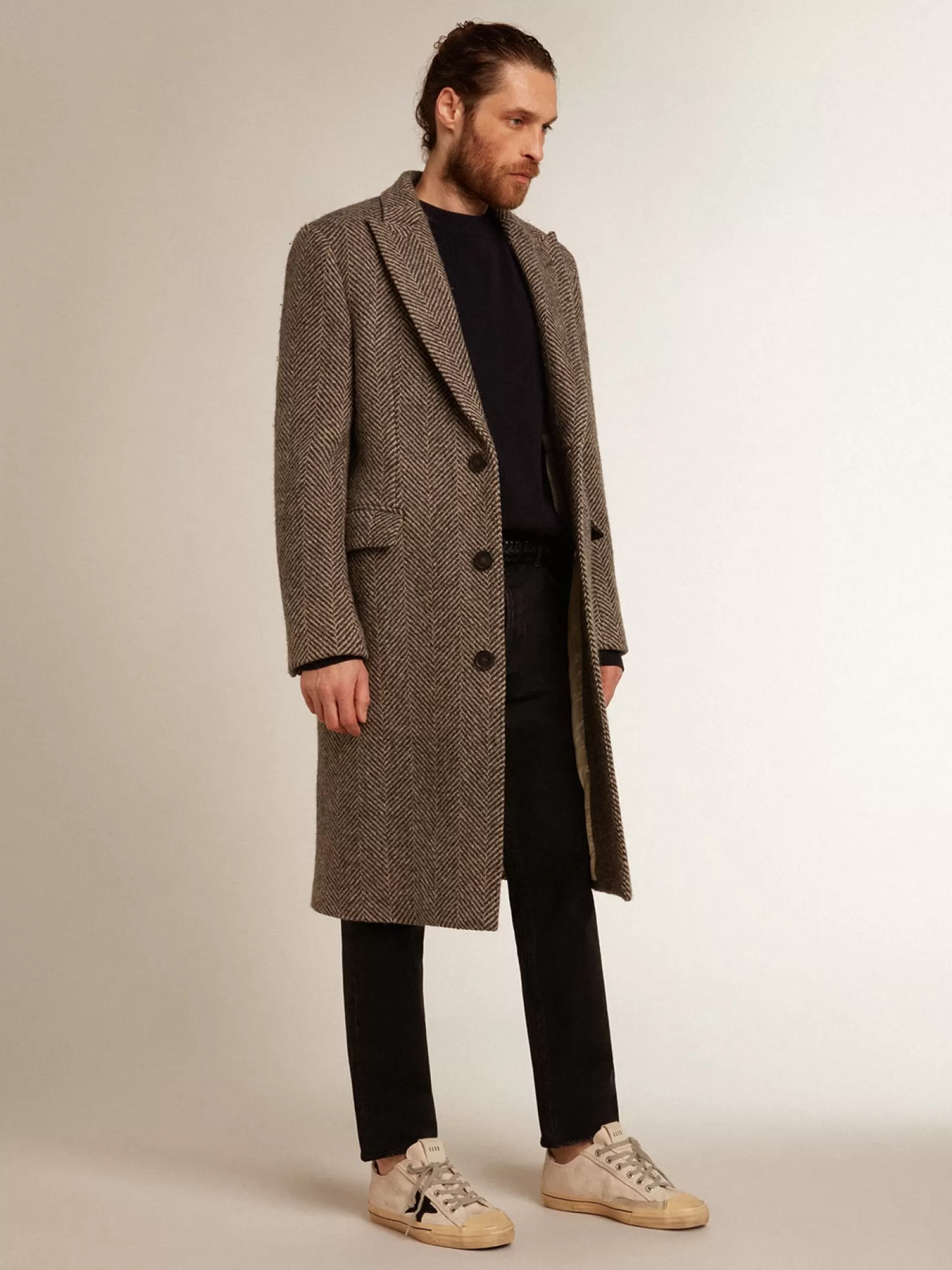 Fashion Casaco masculino de abotoamento simples de lã com trama espinha de peixe bege e cinza Casacos e blusões