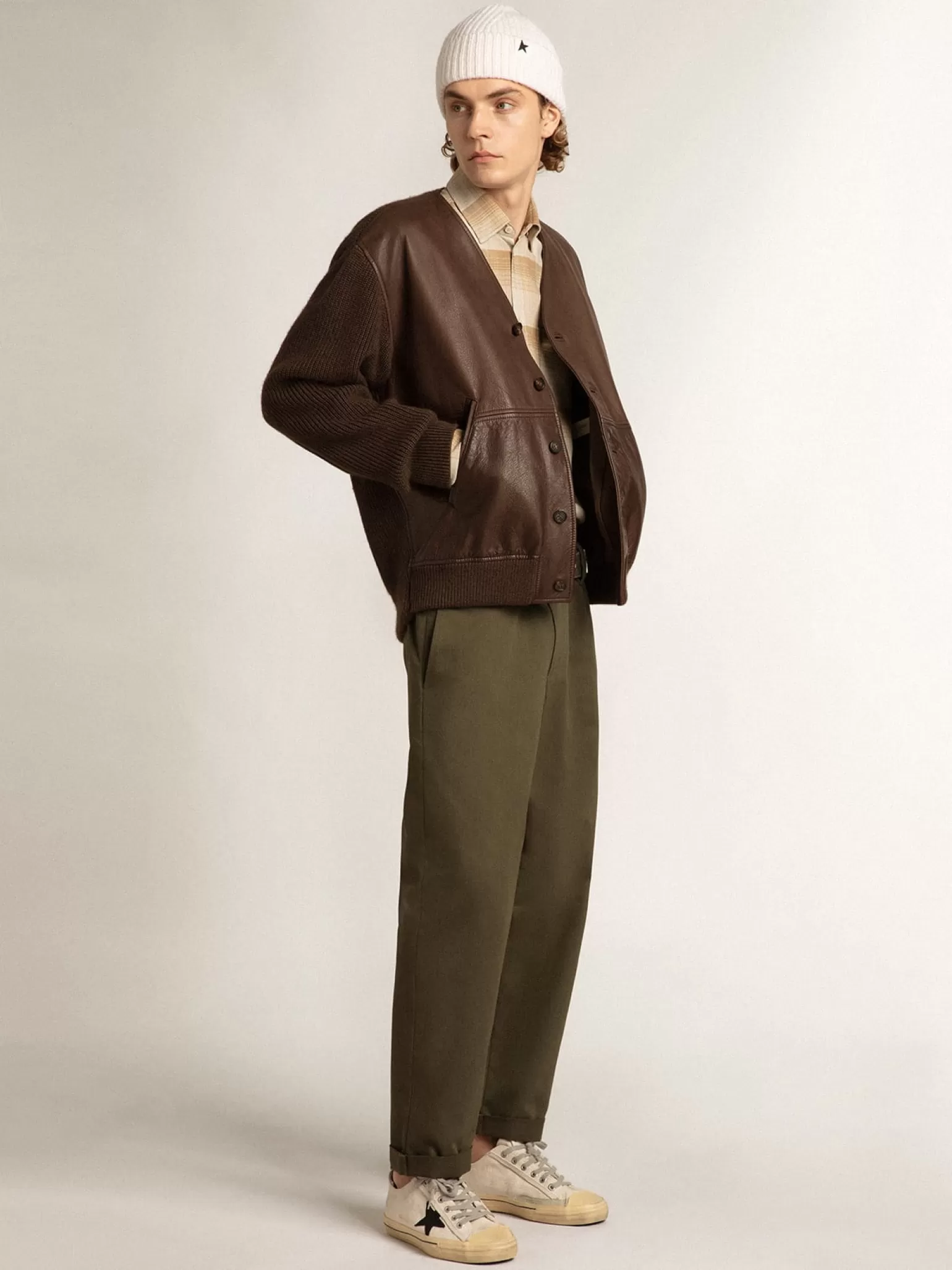 Cheap -colored leather and knit V-neck cardigan Casacos e blusões