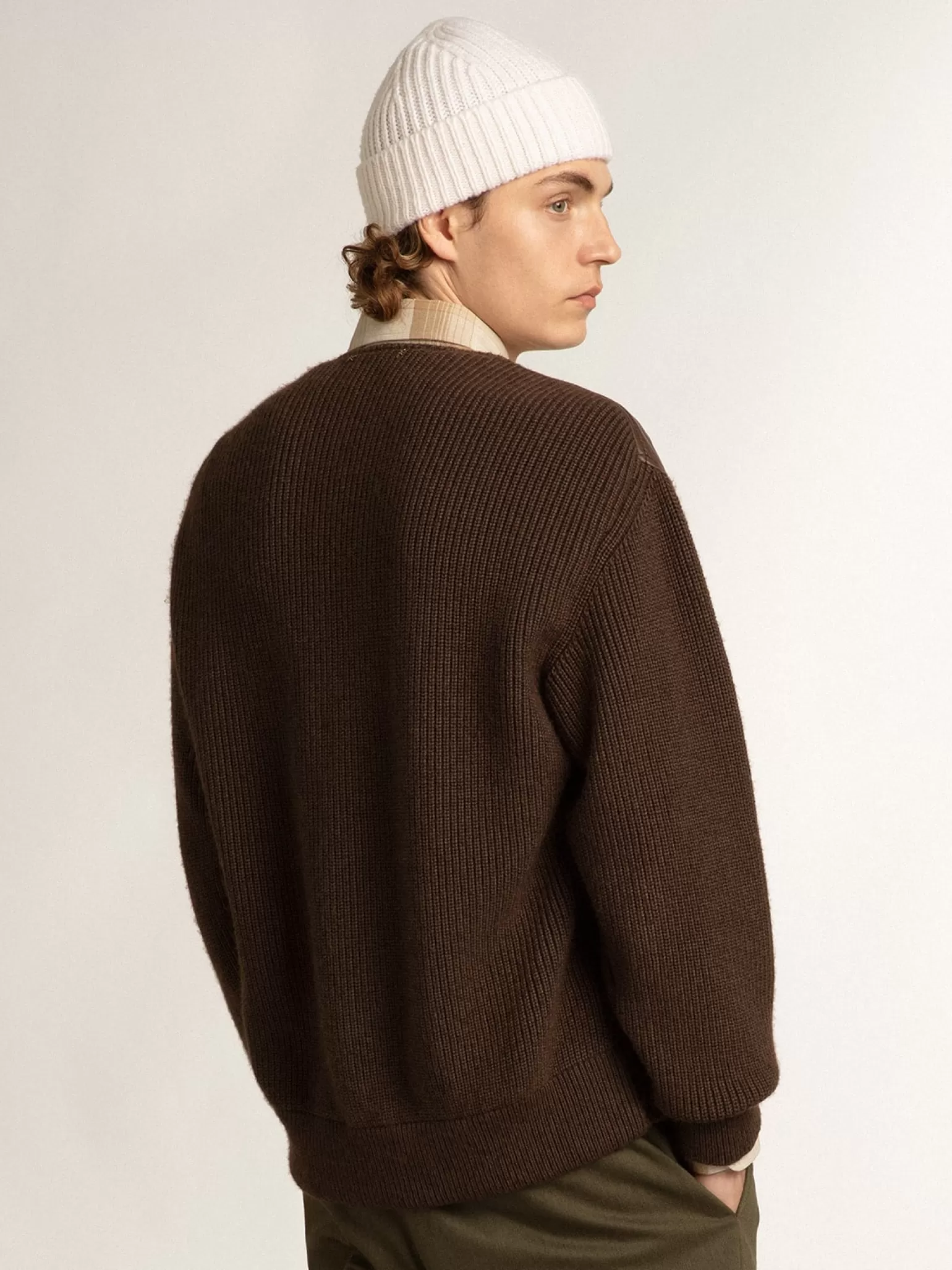 Cheap -colored leather and knit V-neck cardigan Casacos e blusões