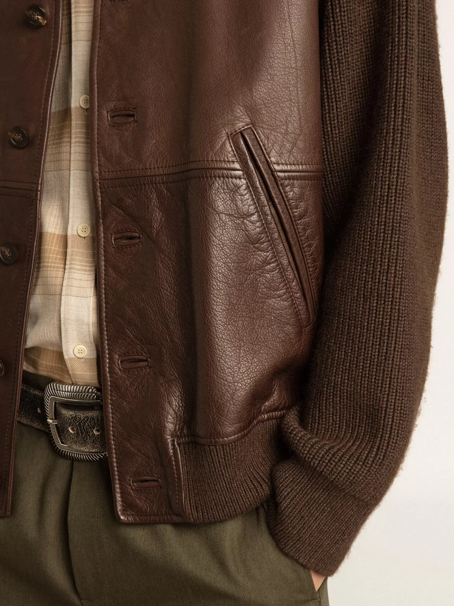 Cheap -colored leather and knit V-neck cardigan Casacos e blusões