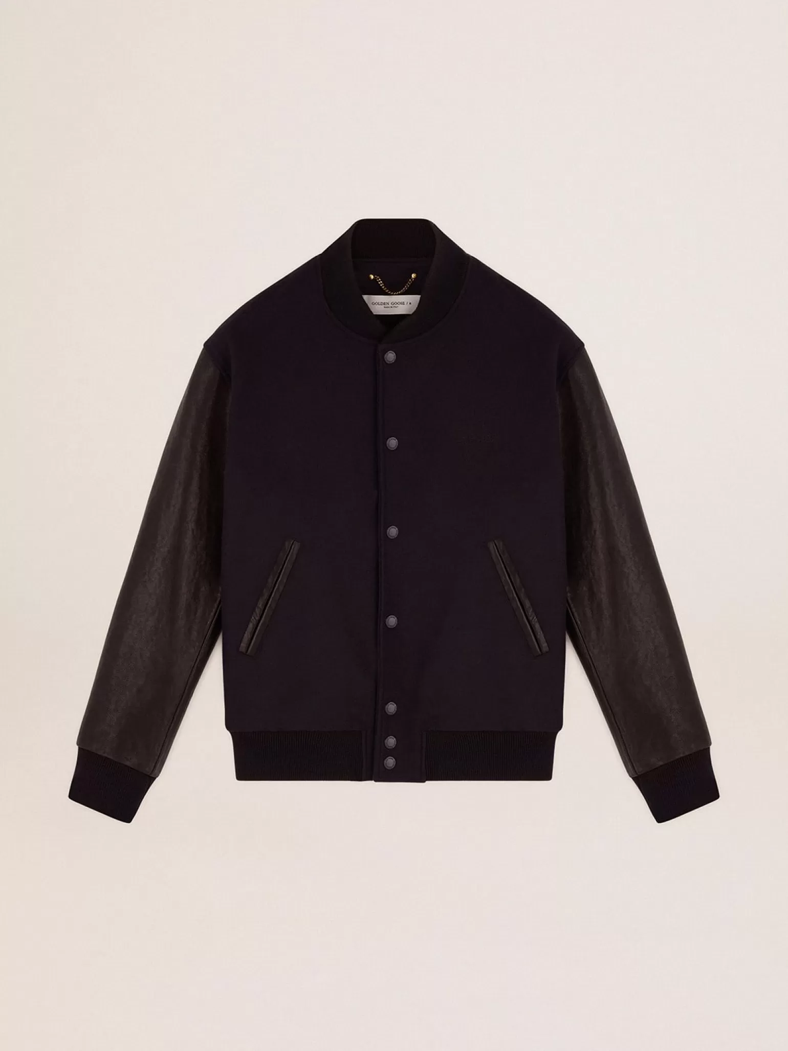 Shop Jaqueta bomber masculina de lã azul-escura e mangas de couro Casacos e blusões