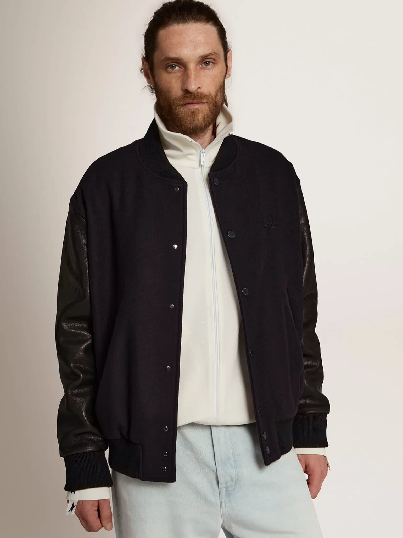 Shop Jaqueta bomber masculina de lã azul-escura e mangas de couro Casacos e blusões