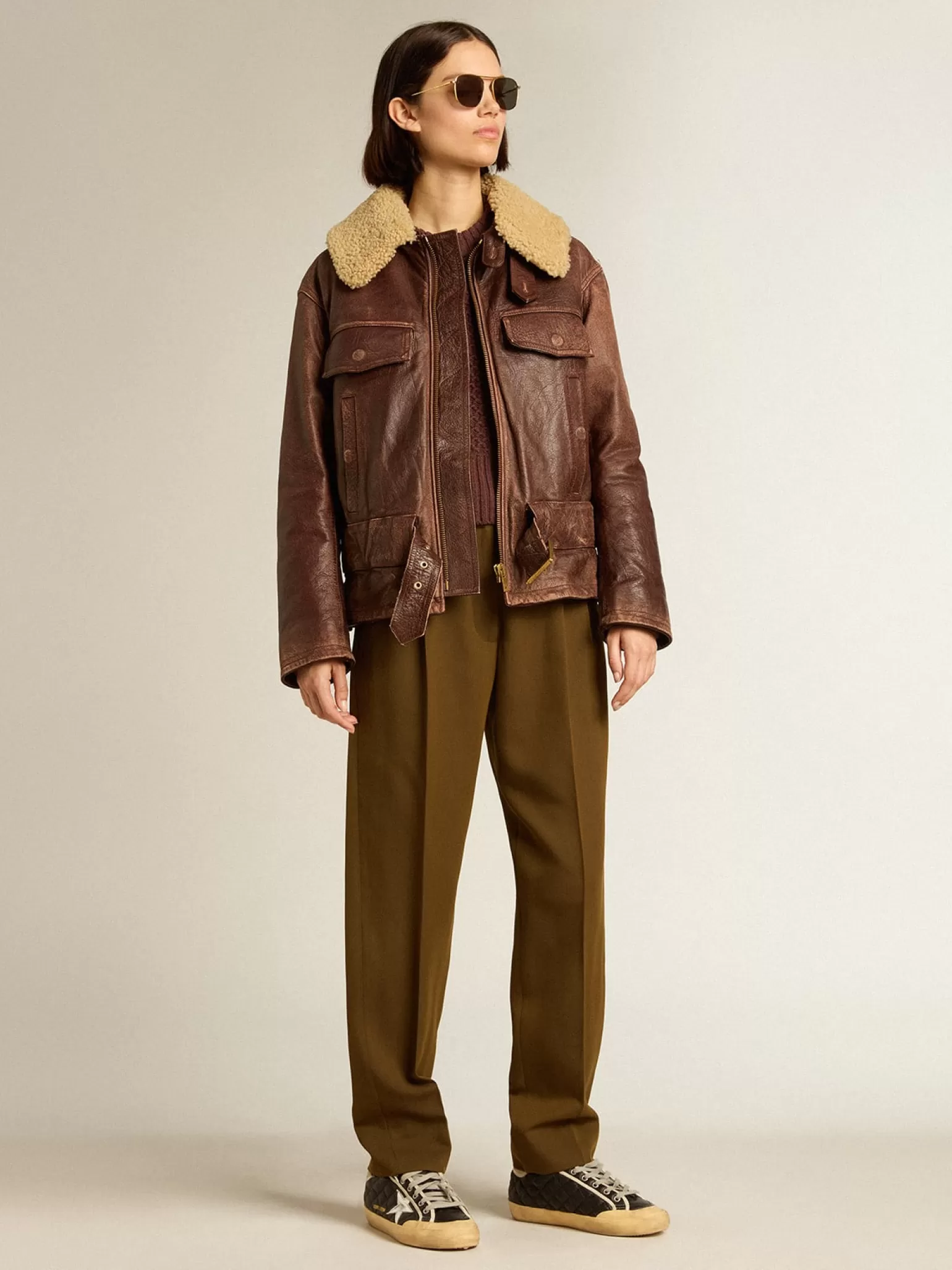 Cheap Jaqueta cor de madeira com gola de shearling removível MULHER Casacos e blusões