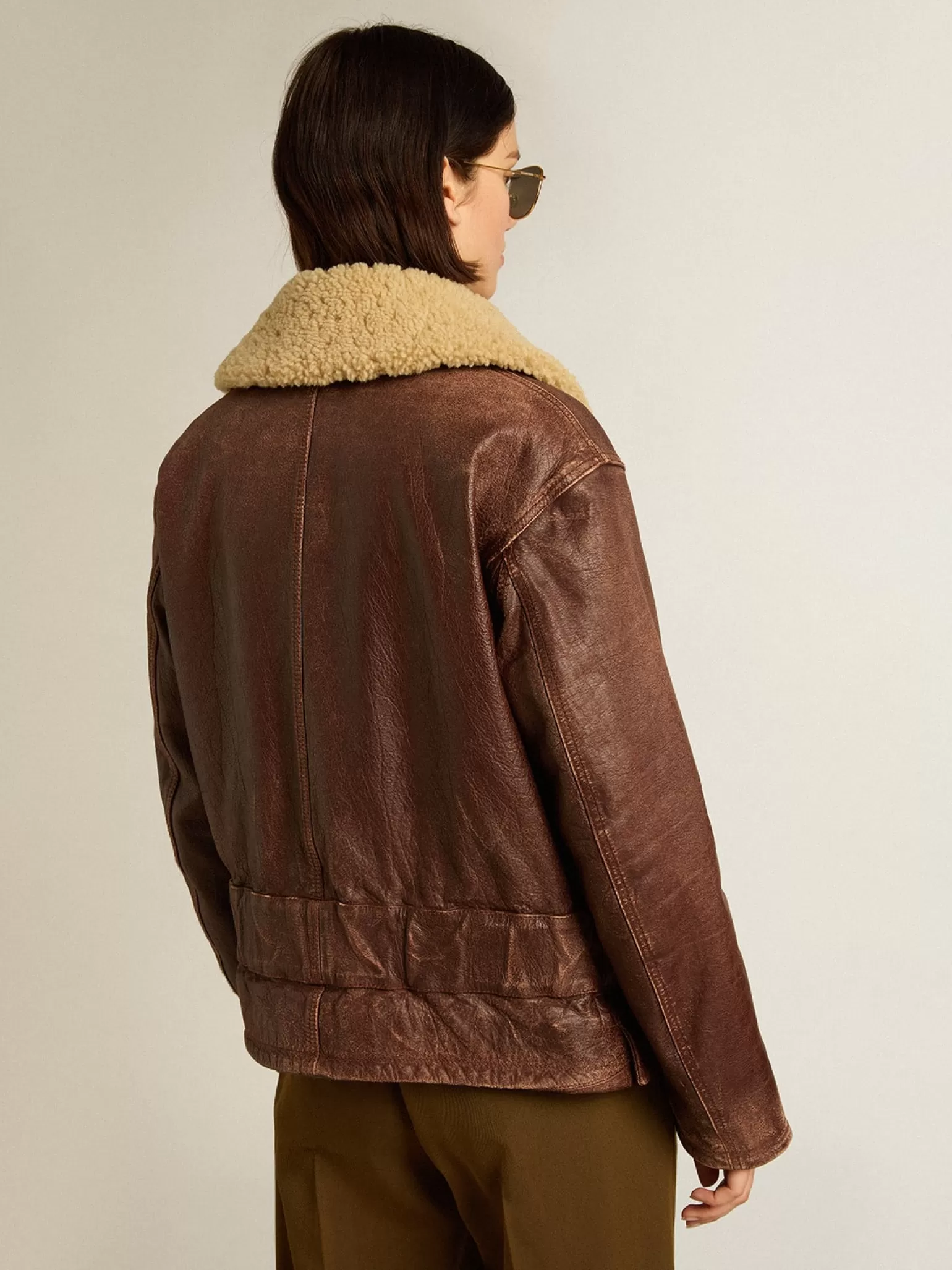Cheap Jaqueta cor de madeira com gola de shearling removível MULHER Casacos e blusões